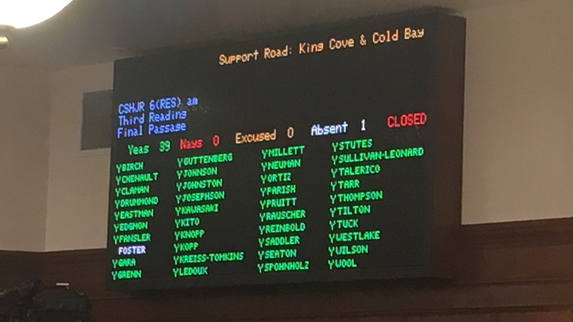 The tally board in the Alaska House of Representatives is seen Wednesday as legislators vote on the first action to reach a floor vote in the 30th Alaska Legislature. A resolution in favor of a road between King Cove and Cold Bay was approved 39-0. (James Brooks | Juneau Empire)