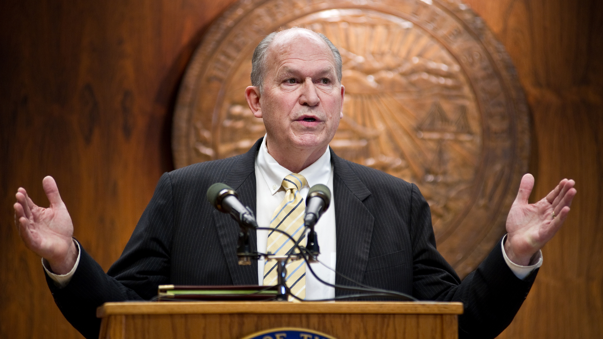 Gov. Bill Walker talks about the release of his state budget during a press conference at the Capitol on Feb. 5, 2016. (Michael Penn | Juneau Empire File)