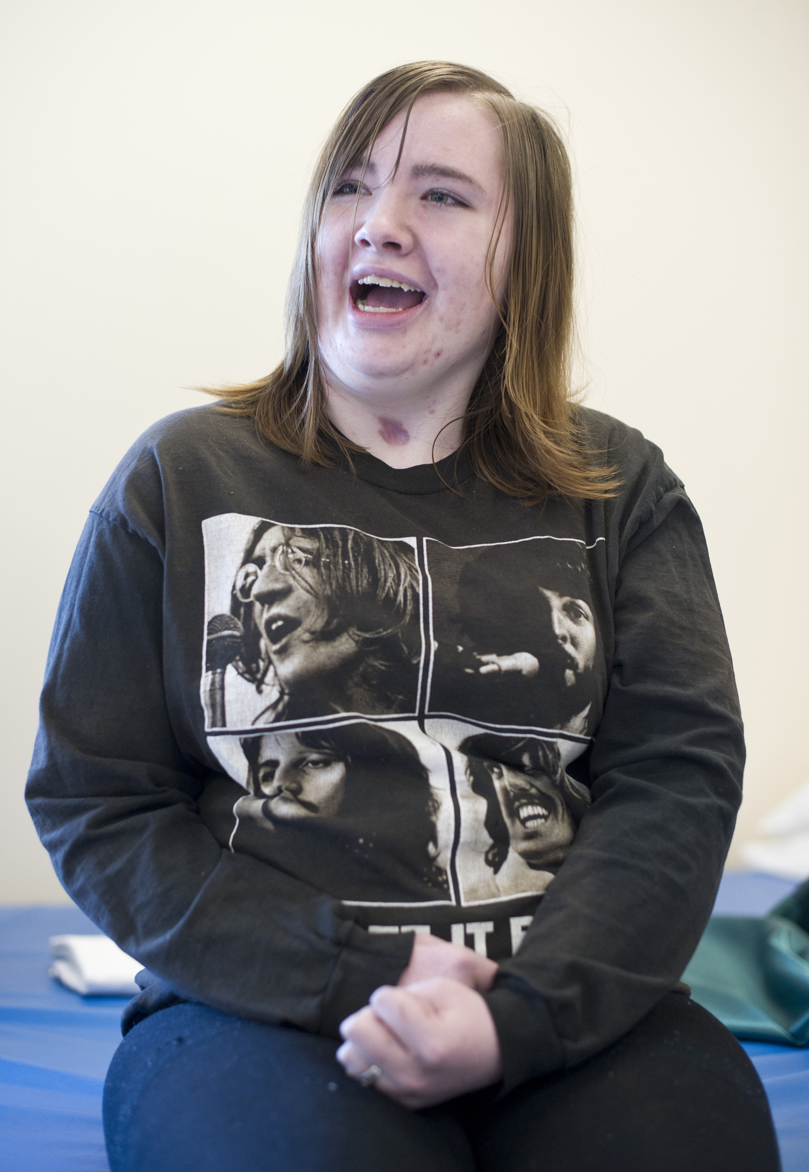 Samantha Chase, 15, talks about her illness at Bartlett Regional Hospital on Wednesday, Feb. 1, 2017. Chase has transverse myelitis, which is an inflammation of the spinal cord that damages the nerve fibers, making her paralyzed. Fundraising is going on in Gustavus and Juneau for an FES300 Cycle which is designed to help physically rehabilitate those with neurological disorders like Chase who is trying to regain use of her arms and legs. (Michael Penn|Juneau Empire)