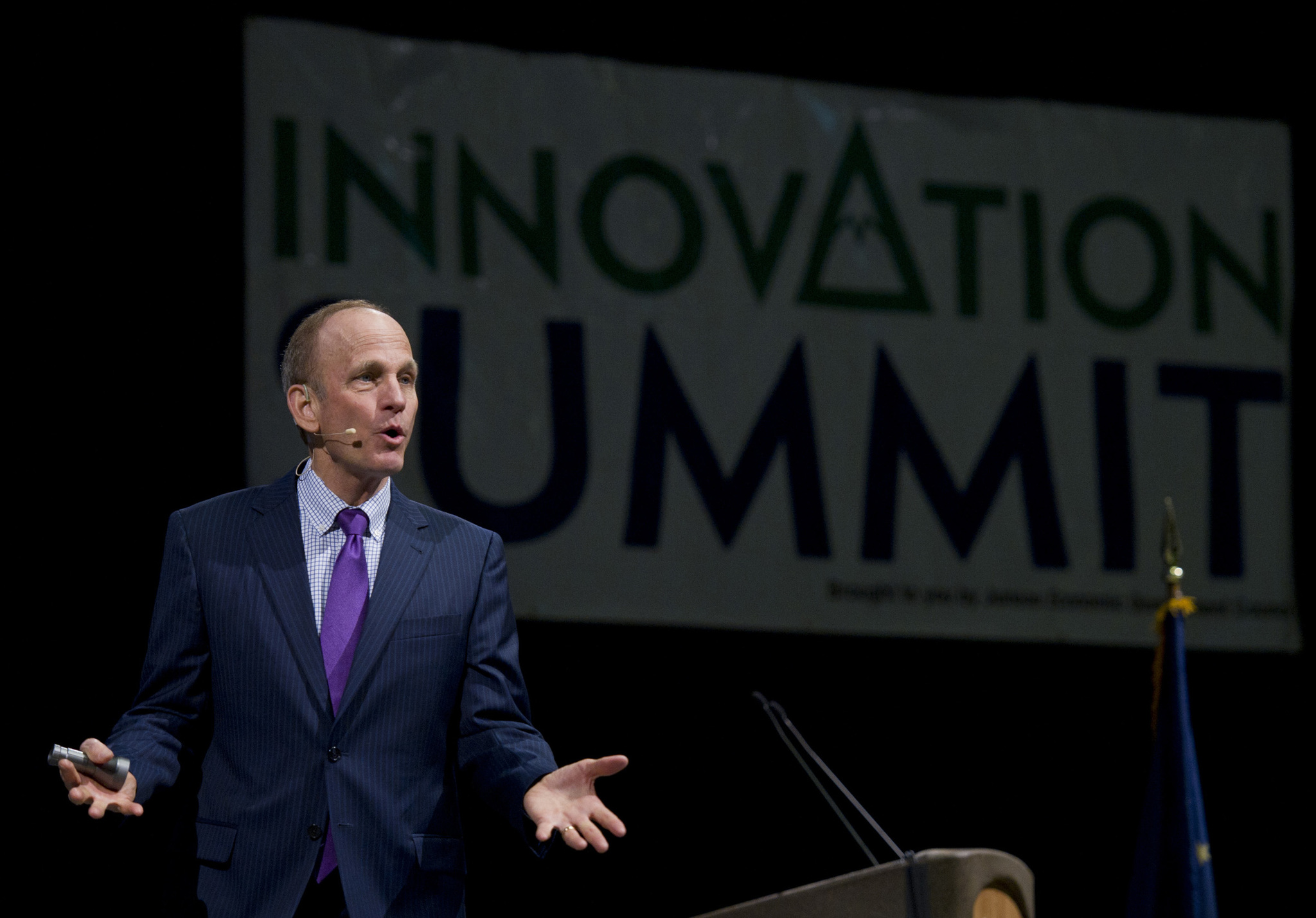Robert Tucker gives the opening speech titled “Innovation is Everyone’s Business” at the Innovation Summit at Centennial Hall on Wednesday. The summit is a two-day conference bringing entrepreneurs together sponsored by the Juneau Economic Development Council. Tucker is president of The Innovation Resource and a former adjunct professor at the University of California, Los Angeles.