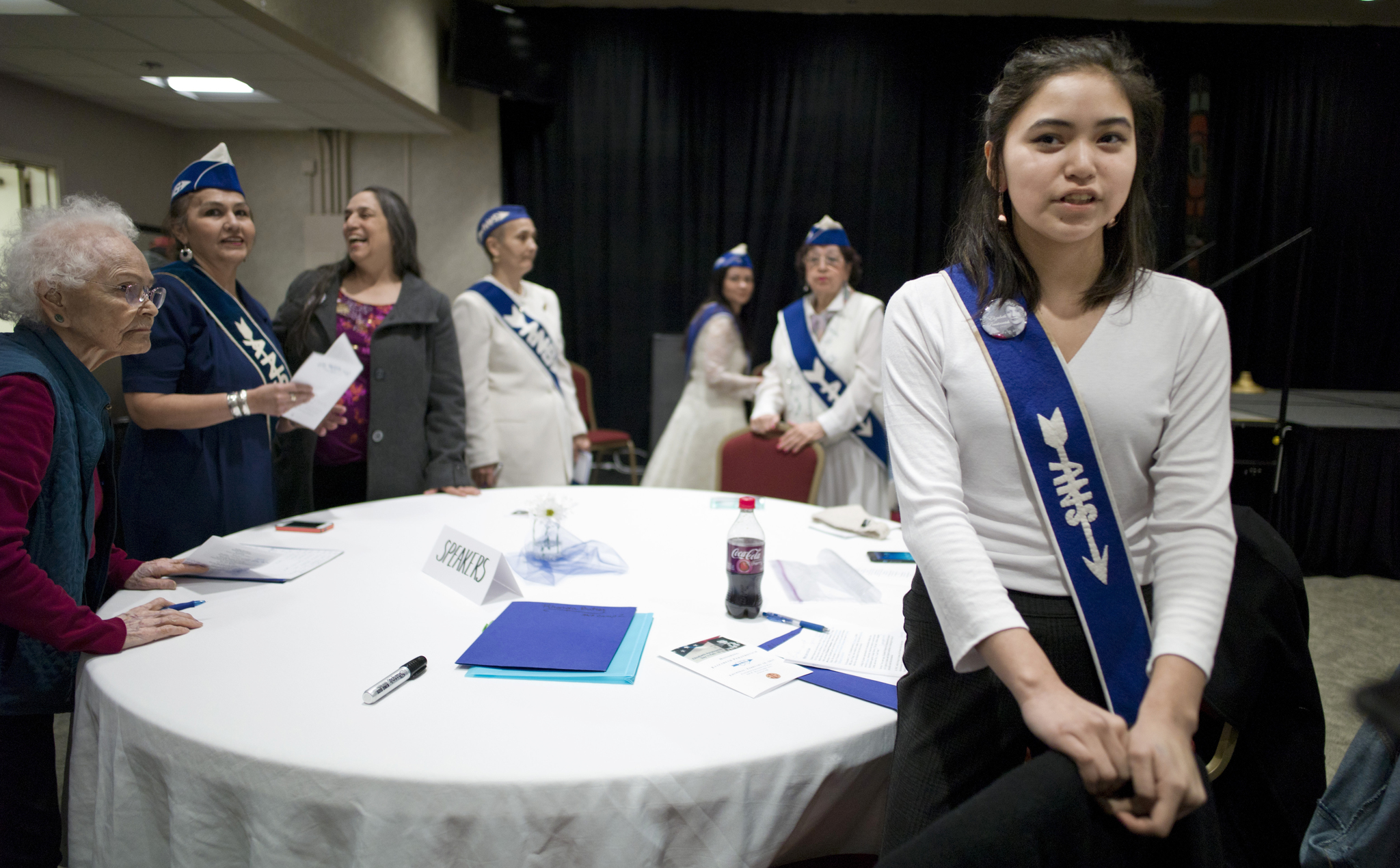 Alayna Duncan, 14, is the youngest elected offical in the Alaska Native Sisterhood attending the Elizabeth Peratrovich Day ceremony in the Elizabeth Peratrovich Hall on Thursday. (Michael Penn | Juneau Empire)