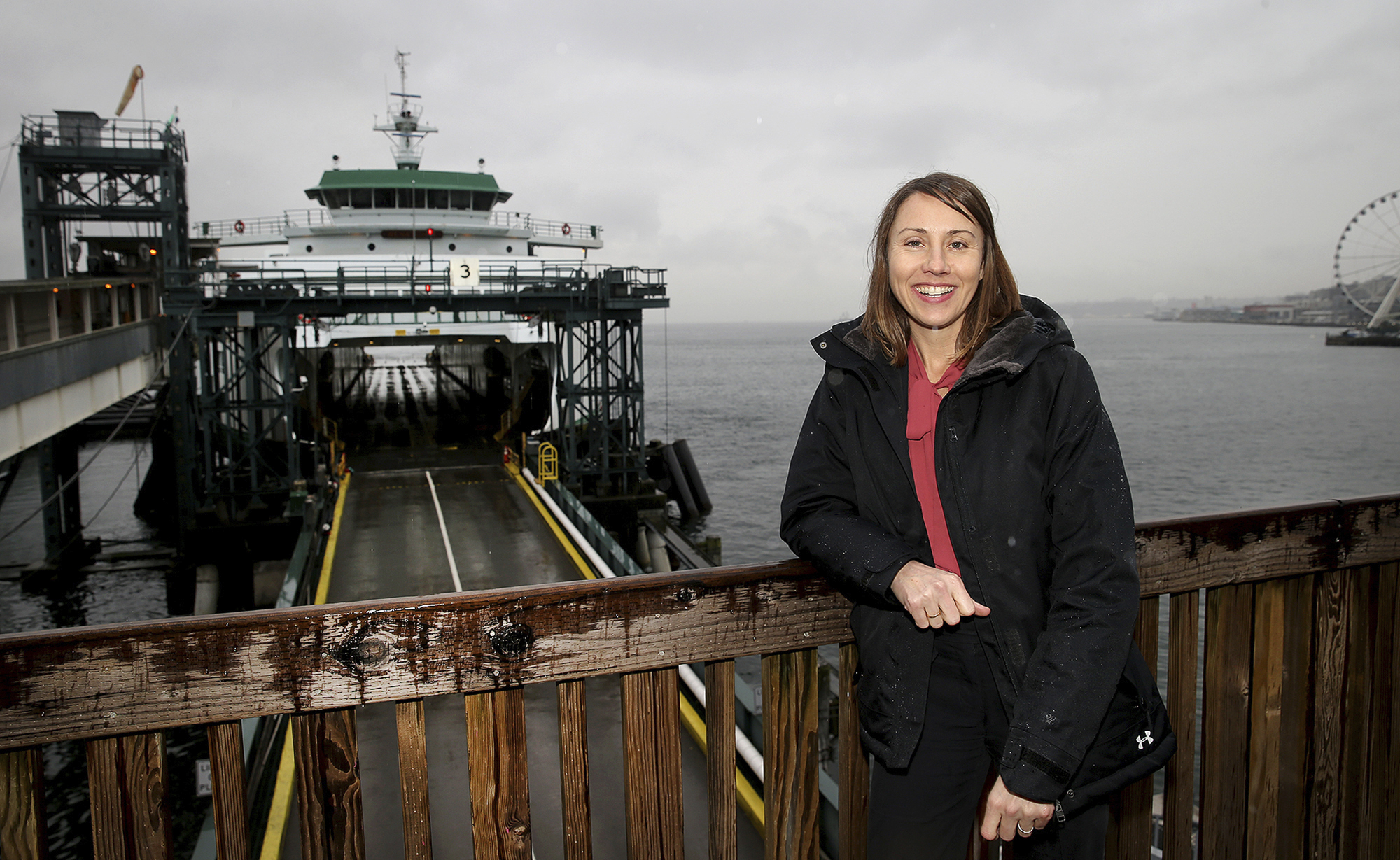 In this Feb. 8 photo, Amy Scarton, the new director of the Washington State Ferries, poses for a photo at Colman Dock in Seattle, Washington. (Larry Steagall | Kitsap Sun)