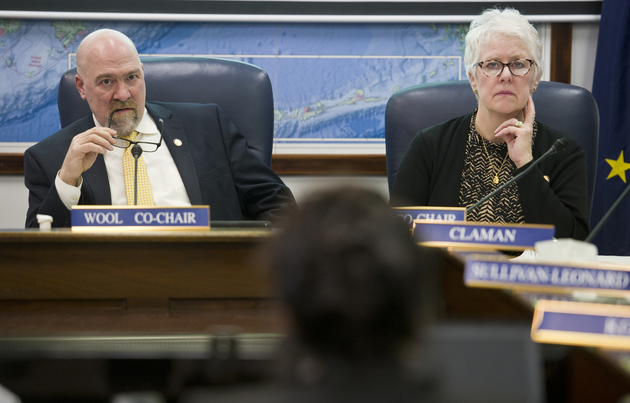 Rep. Adam Wool, D-Fairbanks, and Rep. Louise Stutes, R-Kodiak, co-chairs of the House Transportation Committee, listen to Transportation Committee staffer Laura Stidolph introduces changes to the motor fuel tax bill at the Capitol on Tuesday. (Michael Penn | Juneau Empire)