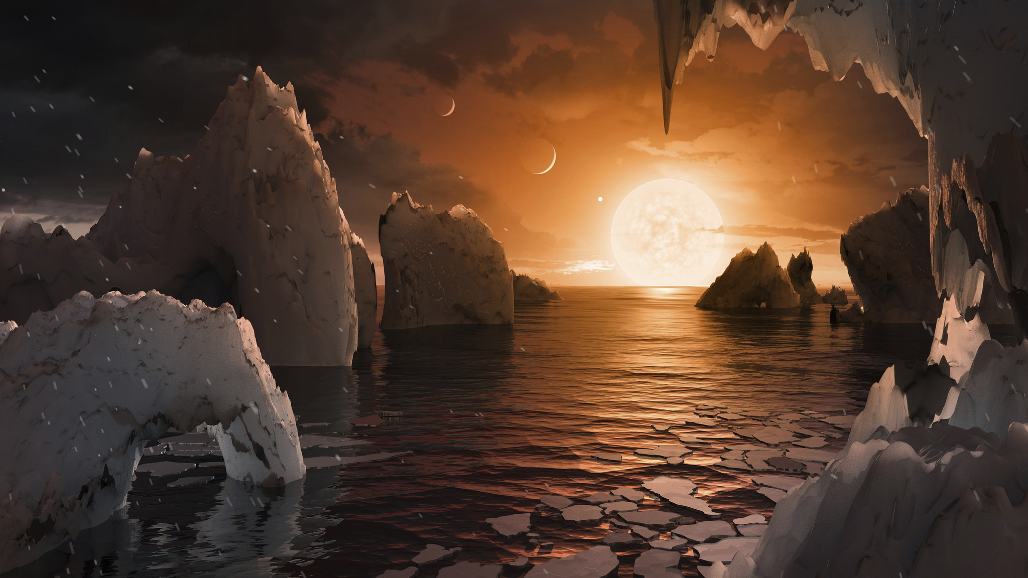 This image provided by NASA/JPL-Caltech shows an artist’s conception of what the surface of the exoplanet TRAPPIST-1f may look like, based on available data about its diameter, mass and distances from the host star. The planets circle tightly around a dim dwarf star called Trappist-1, barely the size of Jupiter. Three are in the so-called habitable zone, where liquid water and, possibly life, might exist. The others are right on the doorstep. (NASA/JPL-Caltech via the Associated Press)