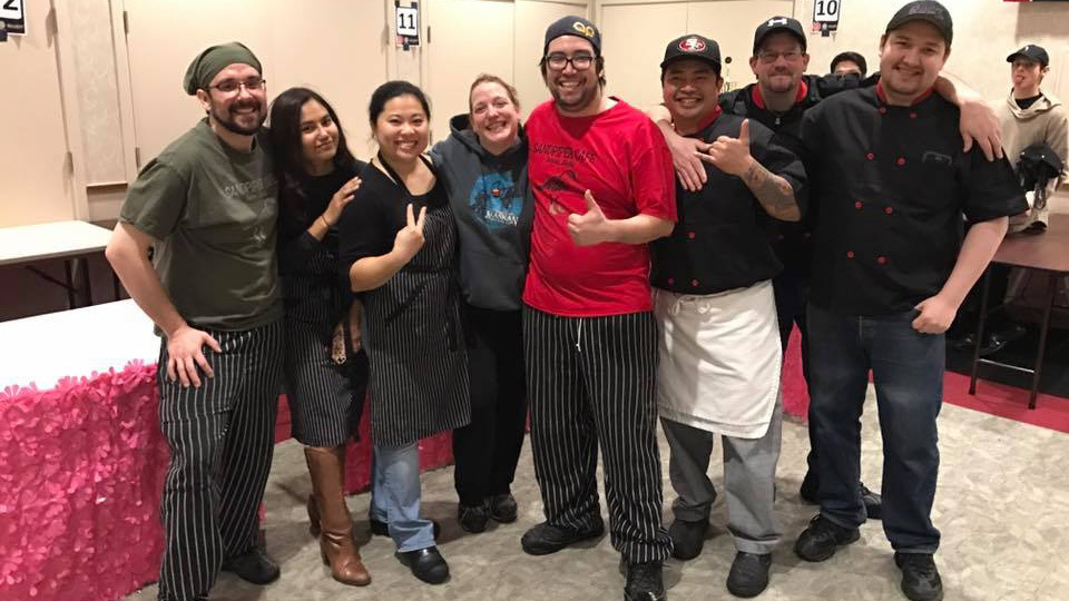 BaconFest winners from the Sandpiper Cafe, Breeze-In, V’s Cellar Door and Coconut Thai Cuisine pose for a photo after winning awards at Saturday’s cook-off at the Elizabeth Peratrovich Hall. (Photo courtesy Mandy Massey | Glacier Valley Rotary)