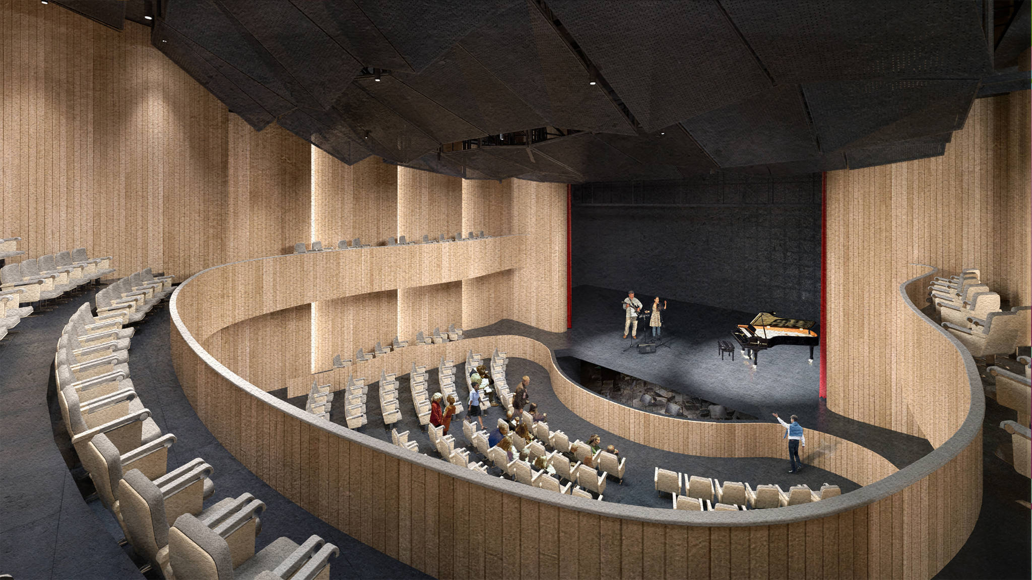 An artist rendering of the 300-seat theater in the new JACC, which will include a central seating area and a balcony. Courtesy image