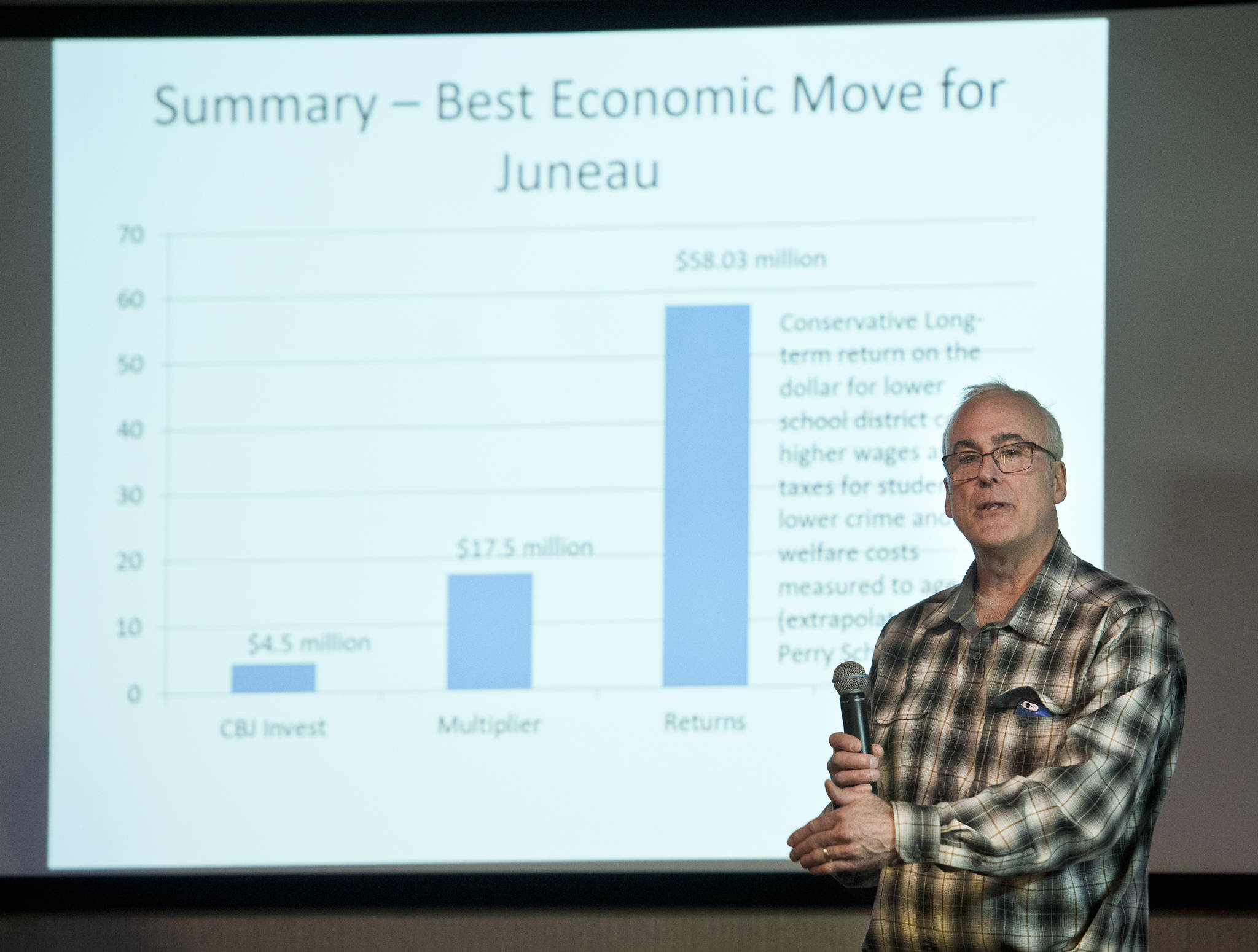 Kevin Ritchie, former Juneau city manager, speaks to the Juneau Chamber of Commerce on “Making Juneau More Family & Business Friendly with Youth Investment” at the Hangar Ballroom on Thursday. (Michael Penn | Juneau Empire)