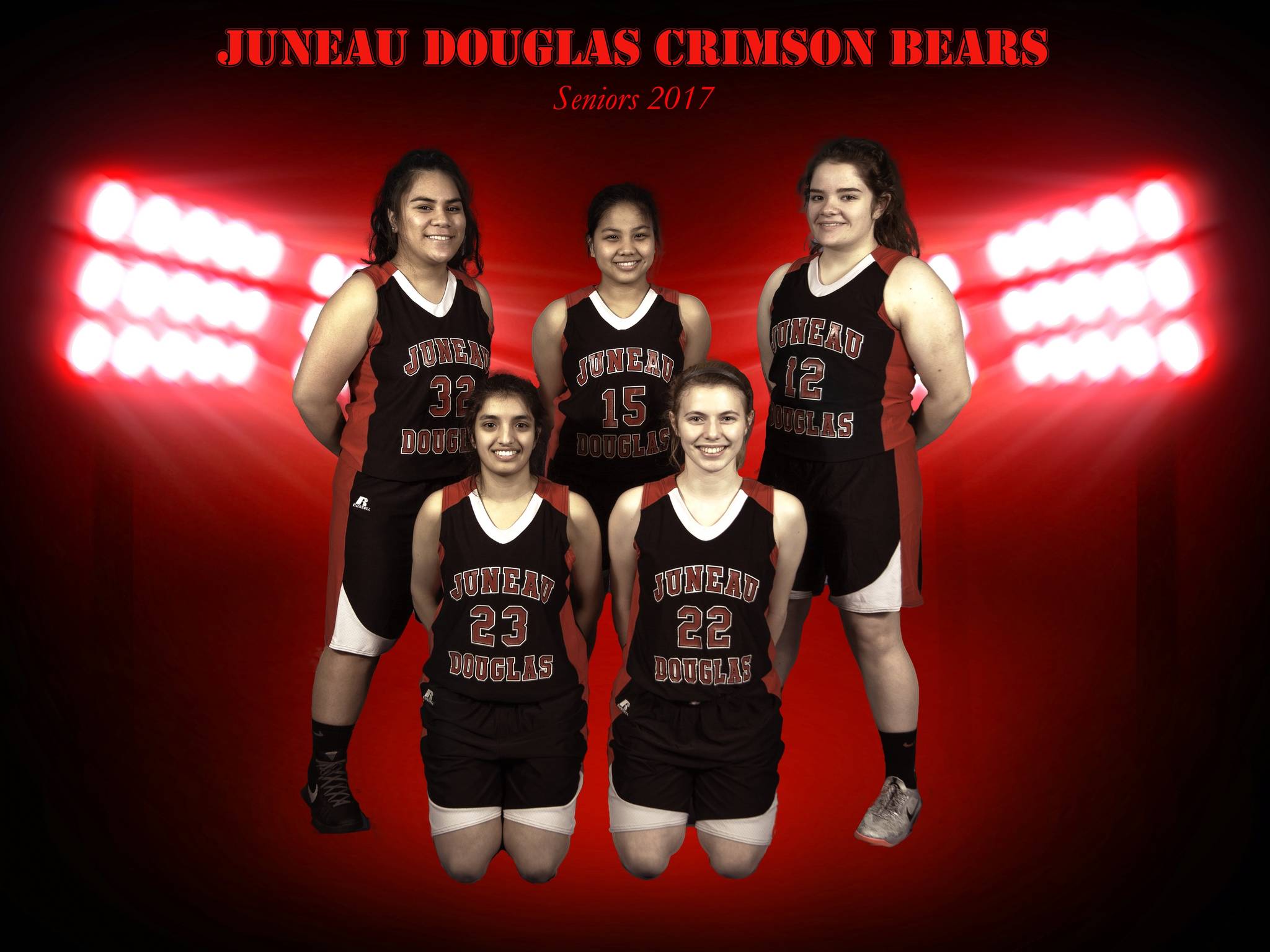 Photo courtesy Scott Balovich The Juneau-Douglas High School girls basketball senior class. Back row (left to right): Rena Nauer, Patricia Enriquez, Maddie Johnson. Front row: Meghna Bathija, Georgia Robinson. Bathija and Robinson will play in 4A Girls Region V Tournament as varsity squad members.