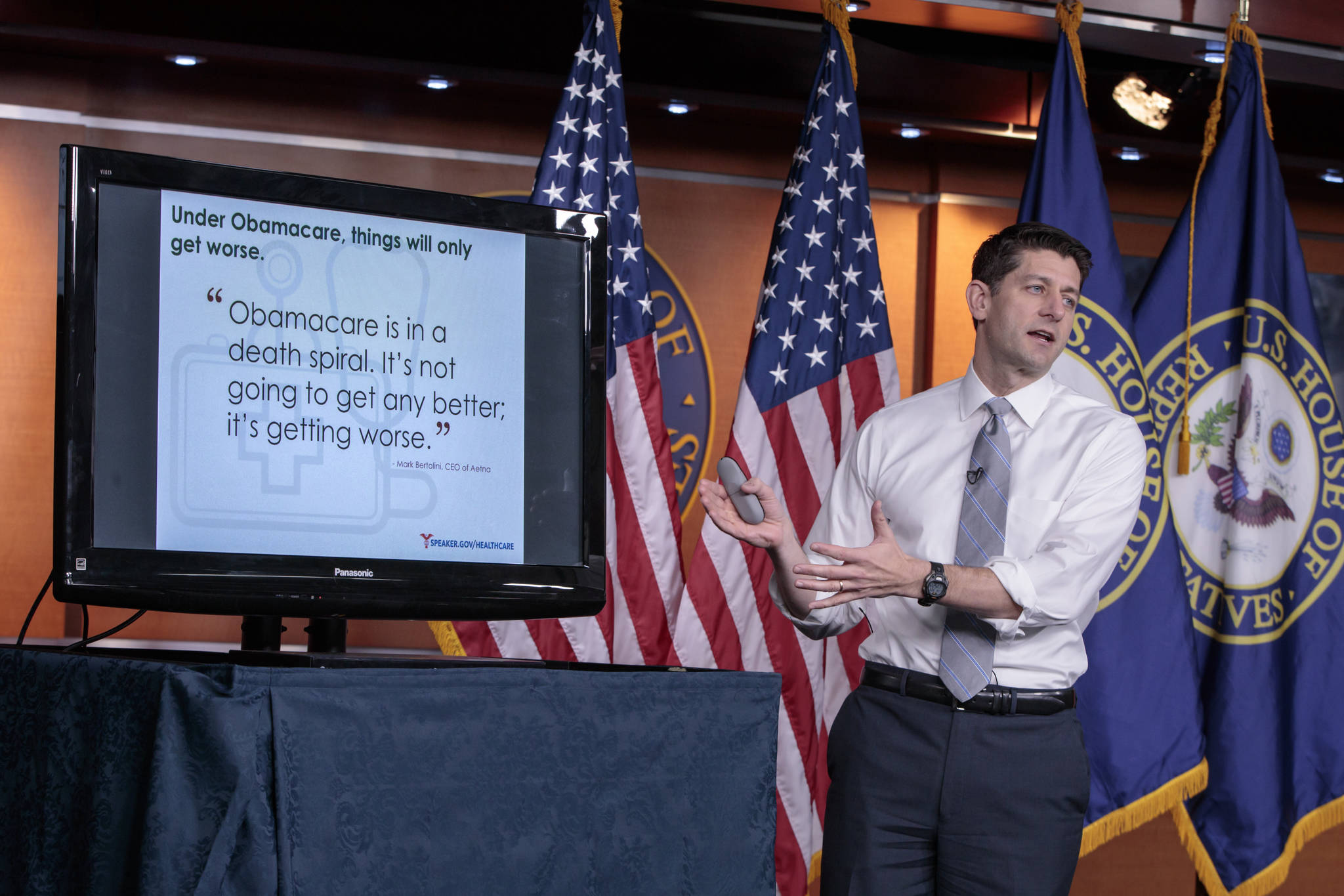 In this March 9, 2017 photo, House Speaker Paul Ryan of Wisconsin uses charts and graphs to make his case for the GOP’s long-awaited plan to repeal and replace the Affordable Care Act during a news conference on Capitol Hill in Washington. Republicans pushing a plan to dismantle Barack Obama’s health care law are bracing for a Congressional Budget Office analysis widely expected to conclude that fewer Americans will have health coverage under the proposal, despite President Donald Trump’s promise of “insurance for everybody.” (J. Scott Applewhite | The Associated Press)