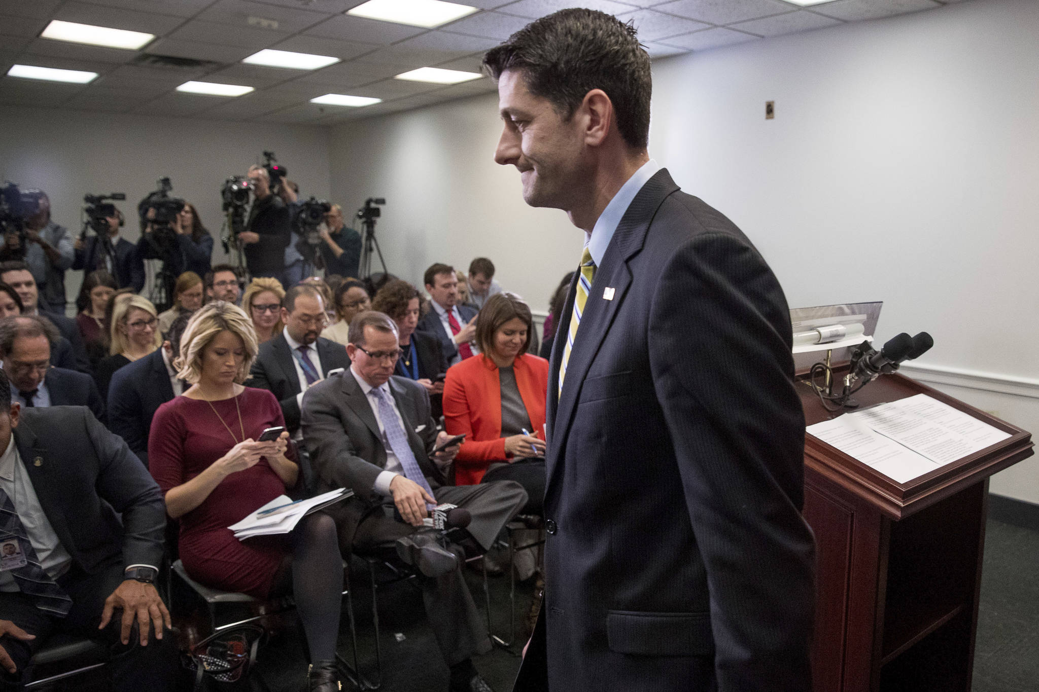 House Speaker Paul Ryan of Wisconsin leaves a news conference following a GOP party conference at the Capitol on Wednesday. (Andrew Harnik | The Associated Press)