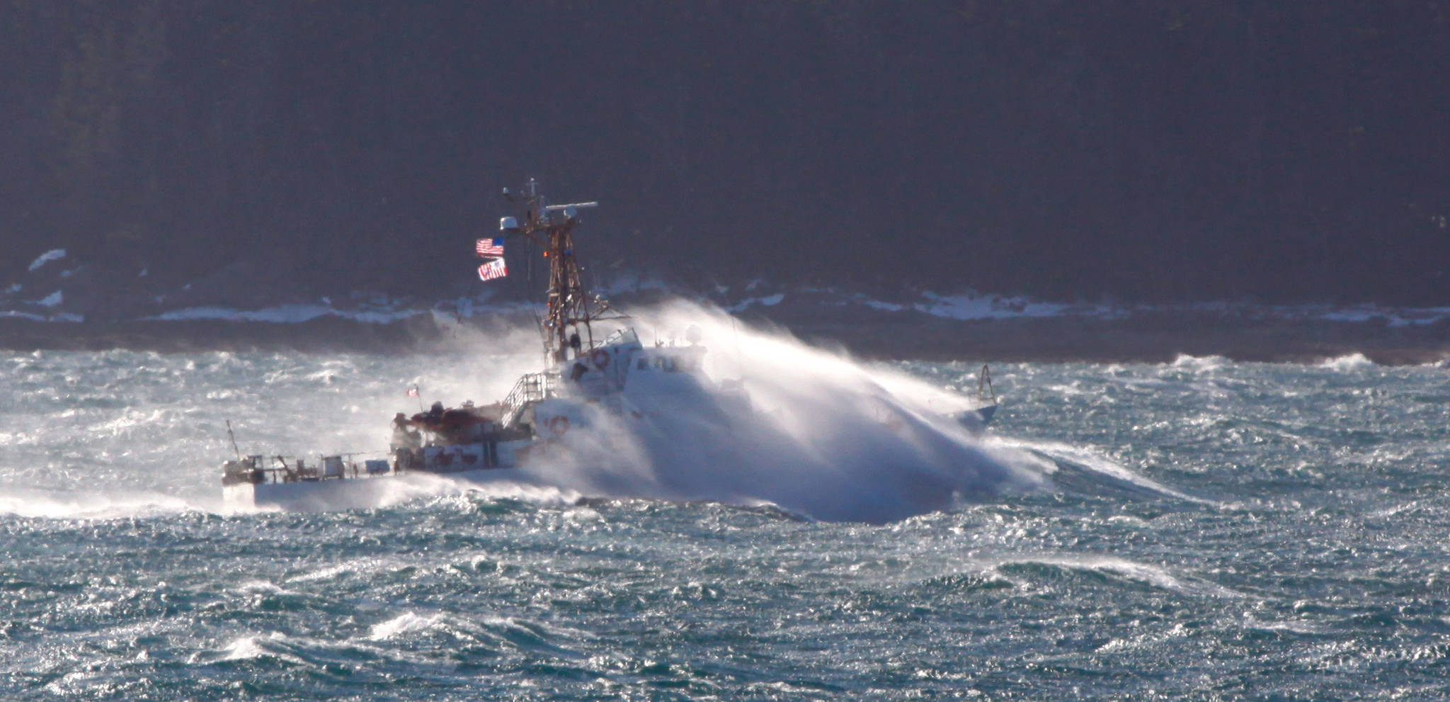 The 110-foot United States Coast Guard Cutter Liberty cuts through rough water off South Shelter.(Photo by Jay Beedle)
