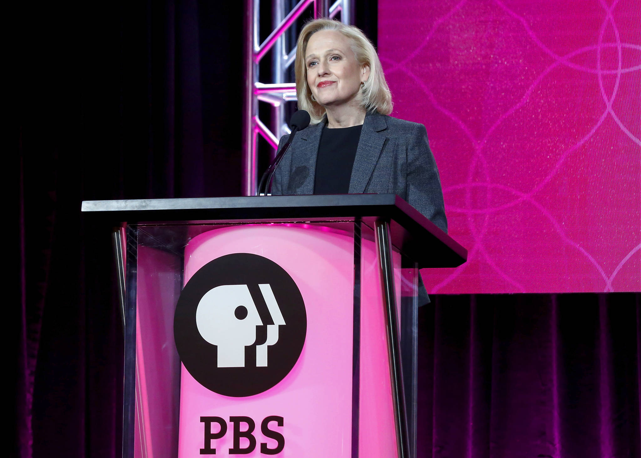 In this Jan. 15 photo, President and CEO Paula Kerger speaks at the PBS’s Executive Session at the 2017 Television Critics Association press tour in Pasadena, California. “We’re celebrating the 50th anniversary of the Public Broadcasting Act, what I think has been the most successful public-private partnership — how ironic it would be if we were defunded this year,” said Kerger. (Willy Sanjuan | Invision)