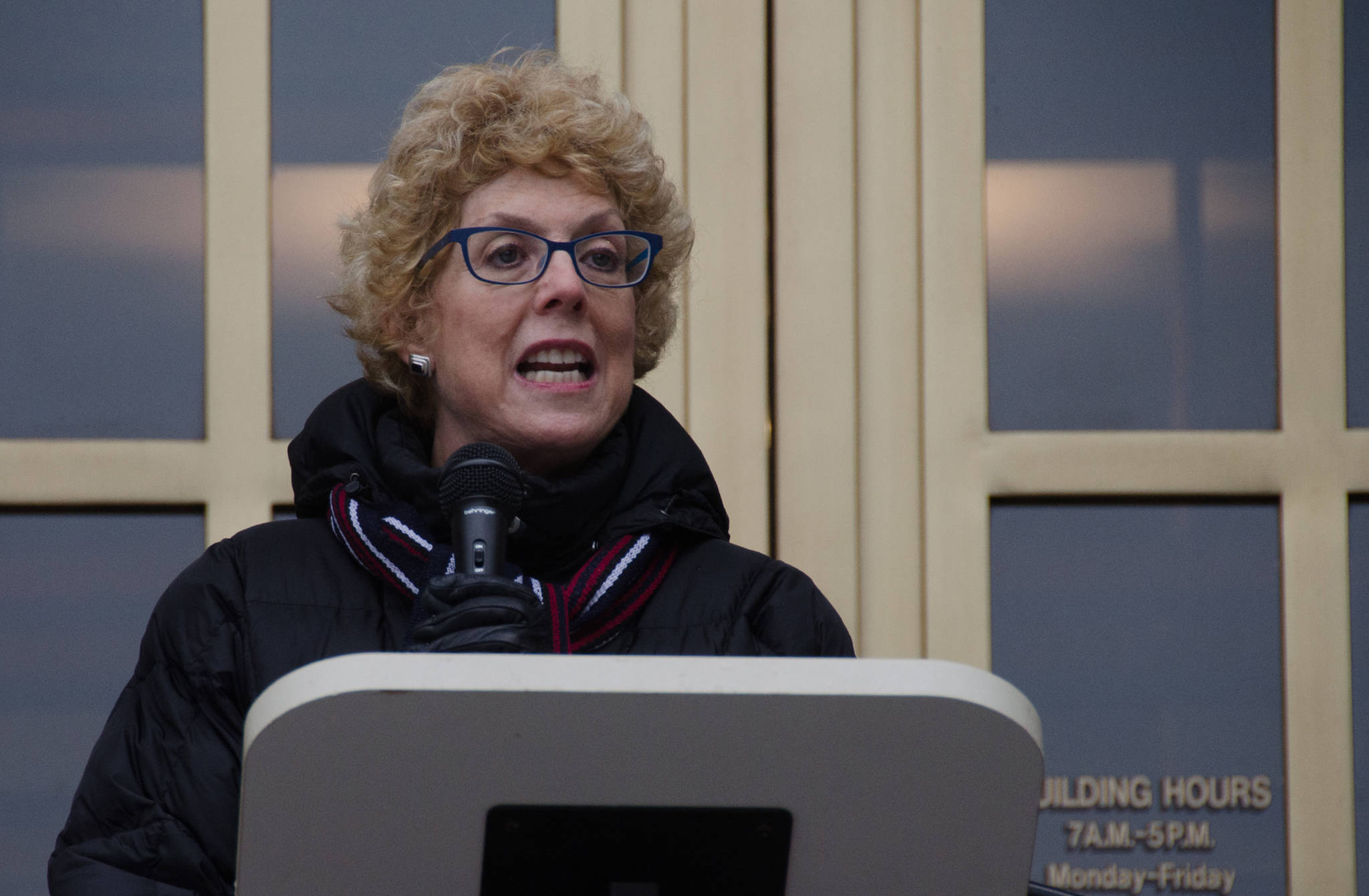 Rep. Gabrielle LeDoux, R-Anchorage, shares her support during a rally held by Alaskans for Life, Inc. on Jan. 22, 2015 on the steps of the Capitol Building. (Sarah Cannard | Juneau Empire)