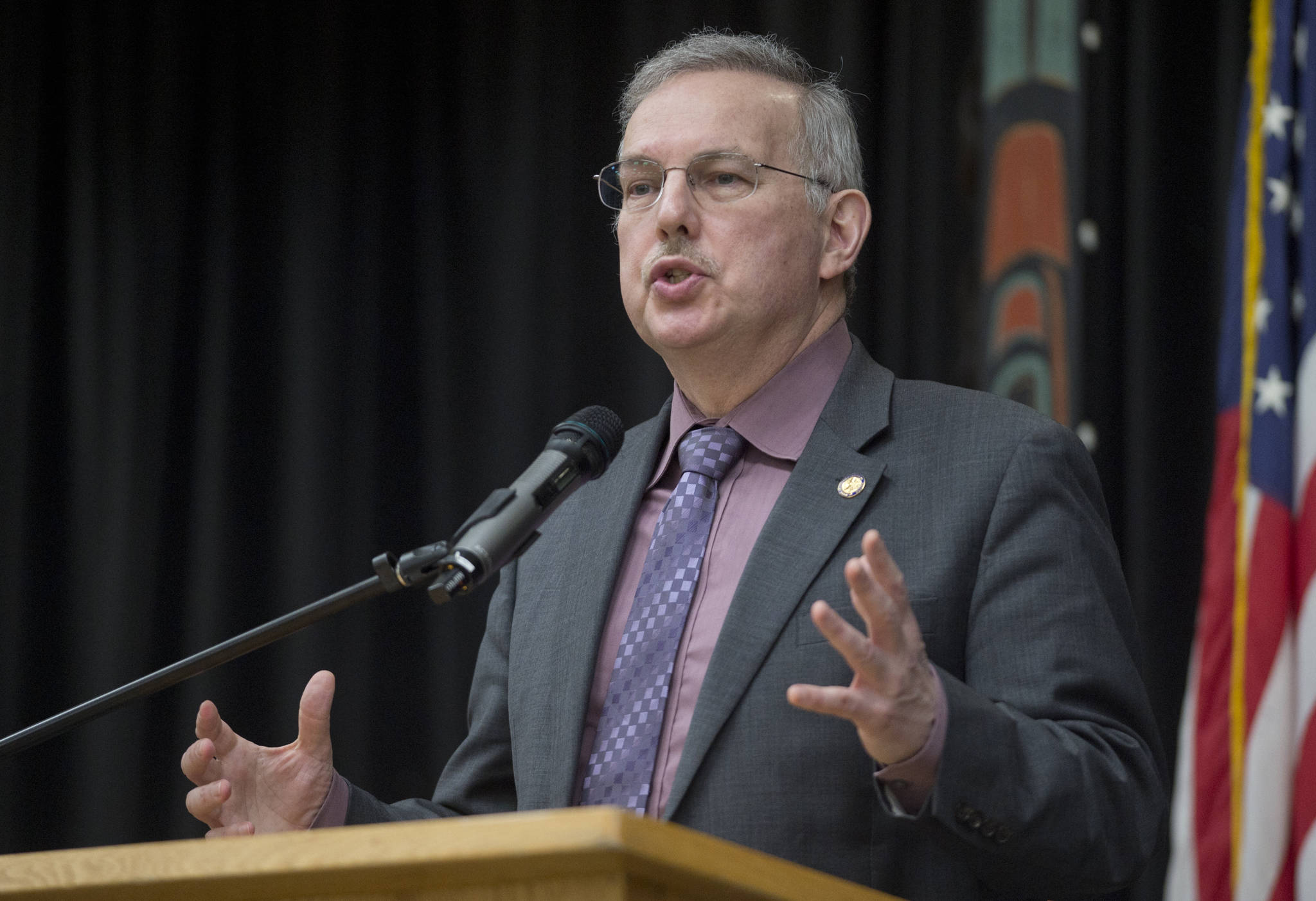 Speaker of the House Bryce Edgmon, D-Dillingham, speaks at the Native Issues Forum in the Elizabeth Peratrovich Hall on Thursday, March 30, 2017. The event is hosted by Central Council of the Tlingit and Haida Indian Tribes of Alaska. (Michael Penn | Juneau Empire)