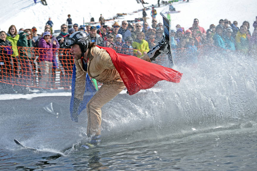 Dan Ord tries to keep his balance in Eaglecrest’s season ending Slush Cup on April 13, 2014. Ord won the “Show-off Award.” (Klas Stolpe | Juneau Empire File)