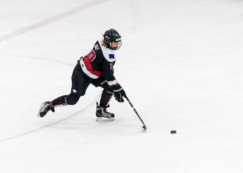 Juneau Capitals’ Anna Dale skates with the puck during the 2017 Alaska State Hockey Association 14U Girls Championships, April 7-9, at the Subway Sports Centre in Anchorage, Alaska. Photo courtesy Kim Hort