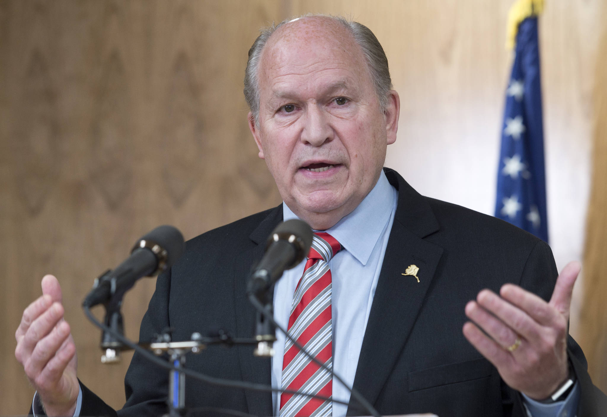 Gov. Bill Walker holds a press conference at the Capitol on Tuesday, April 18, 2017, to announce he has invited the Senate and House leadership to meet with him to work on an agreement on Alaska’s budget crisis. (Michael Penn | Juneau Empire)