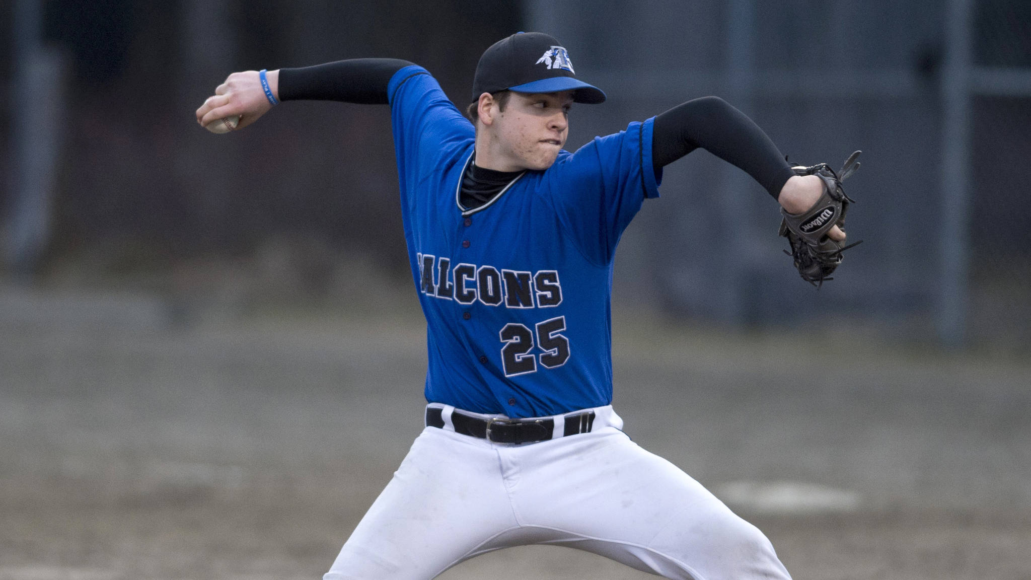 Thunder Mountain&rsquo;s Philip Wall pitches against Juneau-Douglas at Adair-Kennedy Memorial Park on Friday, April 21, 2017. (Michael Penn | Juneau Empire)