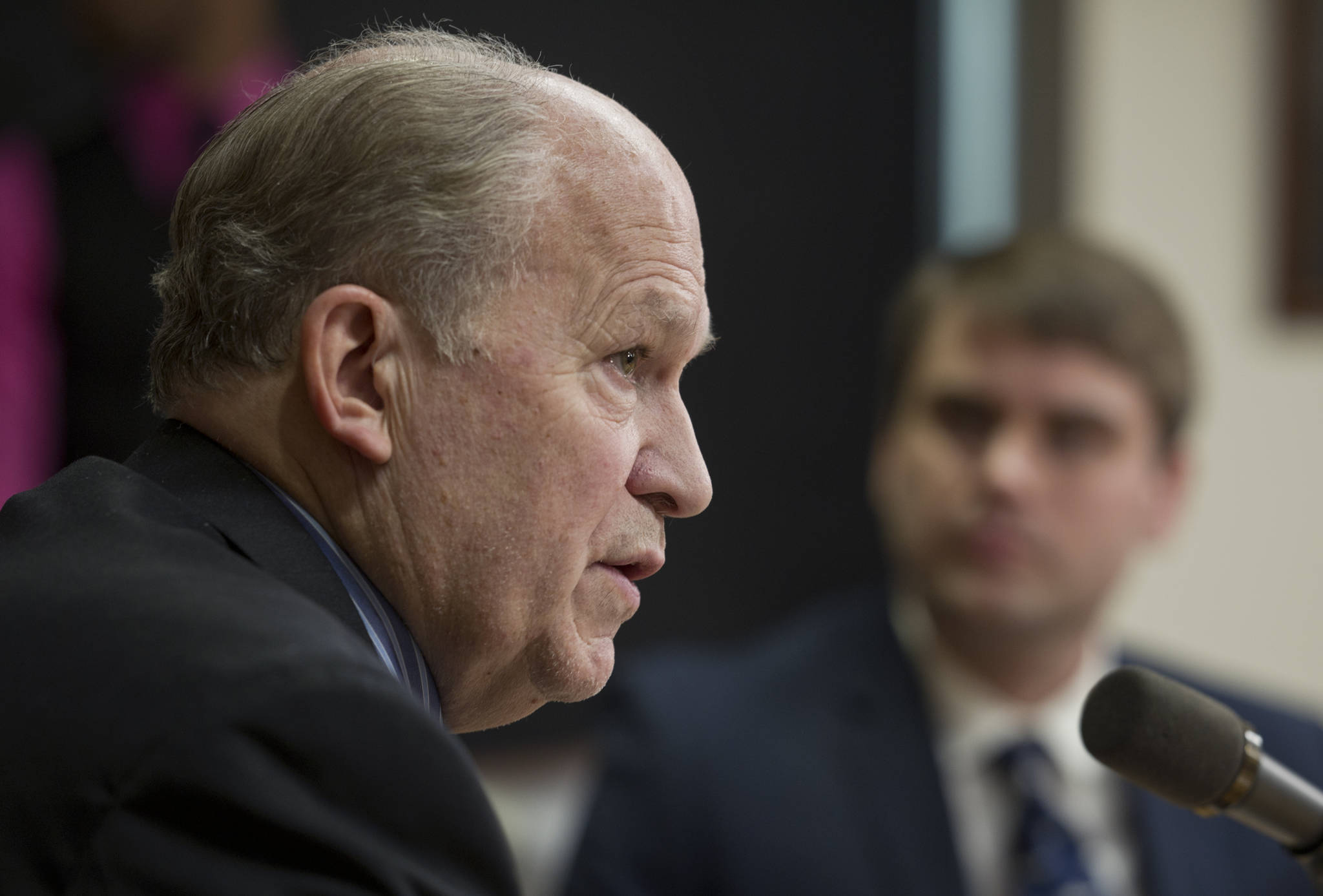 Gov. Bill Walker holds a press conference at the Capitol on Wednesday, April 26, 2017, to speak about the cuts made in services to Alaskans. (Michael Penn | Juneau Empire)