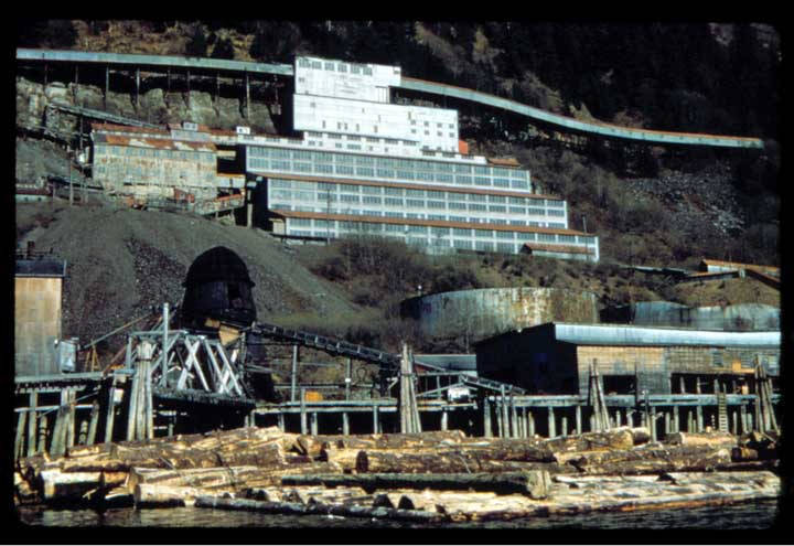The AJ Mine and sawmill are seen in downtown Juneau in 1958. (Caroline Jensen | Alaska State Library Historical Collections; ASL-P417-043)
