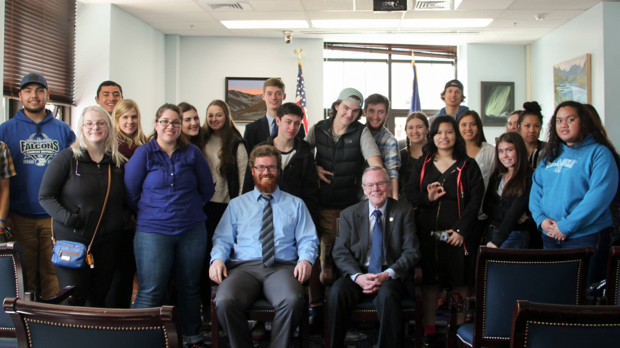 TMHS students pose with Rep. Justin Parish, D-Juneau, and Sen. Dennis Egan, D-Juneau, during their field trip at the Alaska State Capitol April 24. (Courtesy Photo)