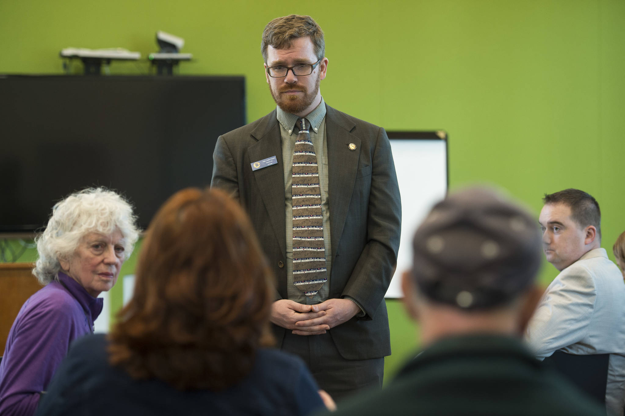 Rep. Justin Parish, D-Juneau, holds a town hall meeting at the Mendenhall Valley Public Library on Tuesday, May 9, 2017. (Michael Penn | Juneau Empire)