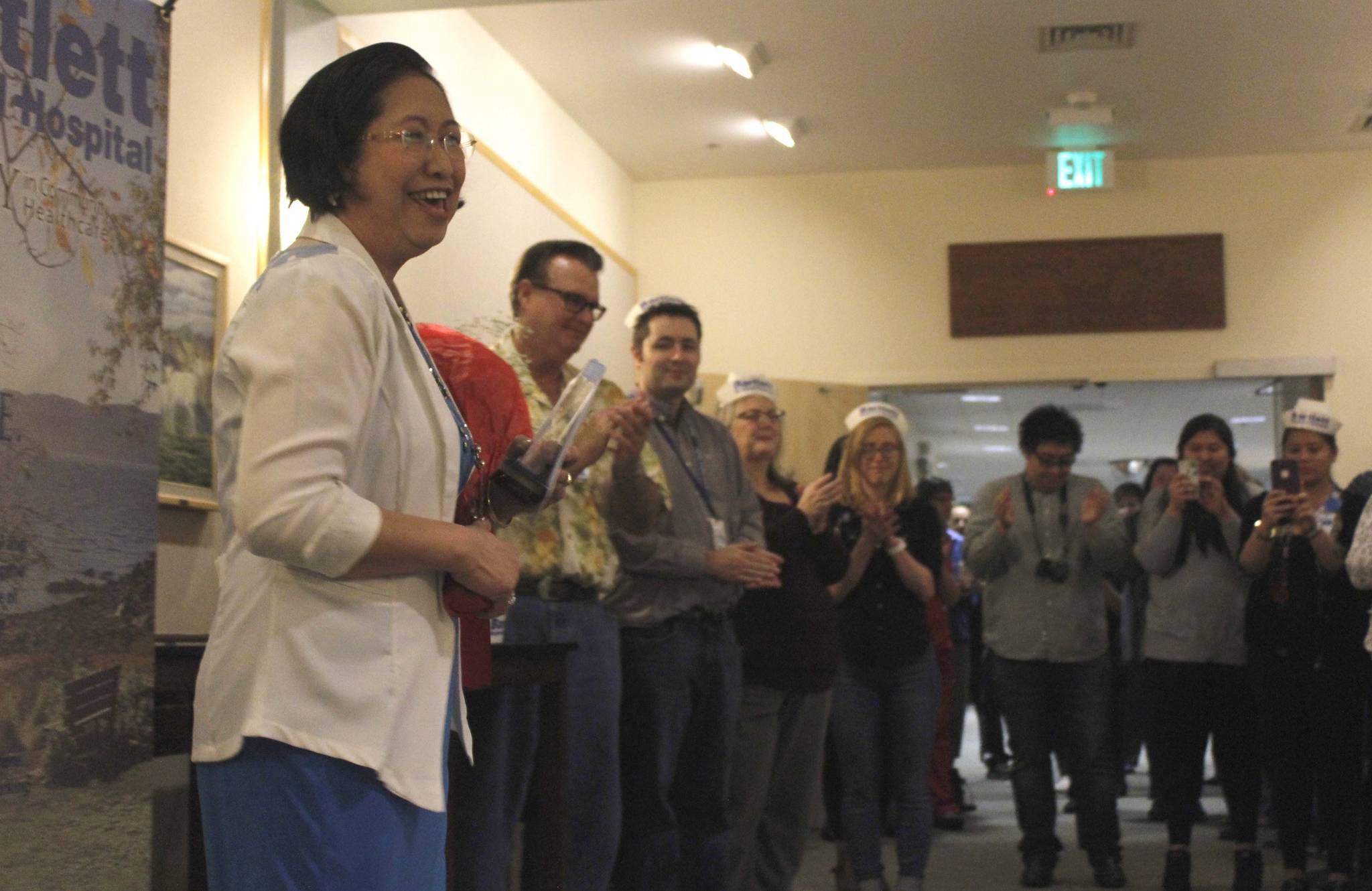 Salud Elizarde, the recipient of the 2017 Excellence in Nursing Award from Bartlett Regional Hospital, laughs as she concludes her acceptance speech Friday. Elizarde has spent 15 years at the hospital and has been instrumental in the Medical-Surgical Unit. (Alex McCarthy | Juneau Empire)
