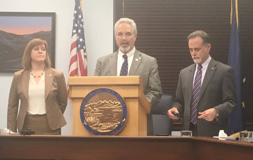 Senate President Pete Kelly, R-Fairbanks, is flanked by Sen. Mia Costello, R-Anchorage (left) and Sen. Peter Micciche, R-Soldotna (right) during a press conference following the 15-4 defeat of the income tax measure known as House Bill 115. (James Brooks | Juneau Empire)