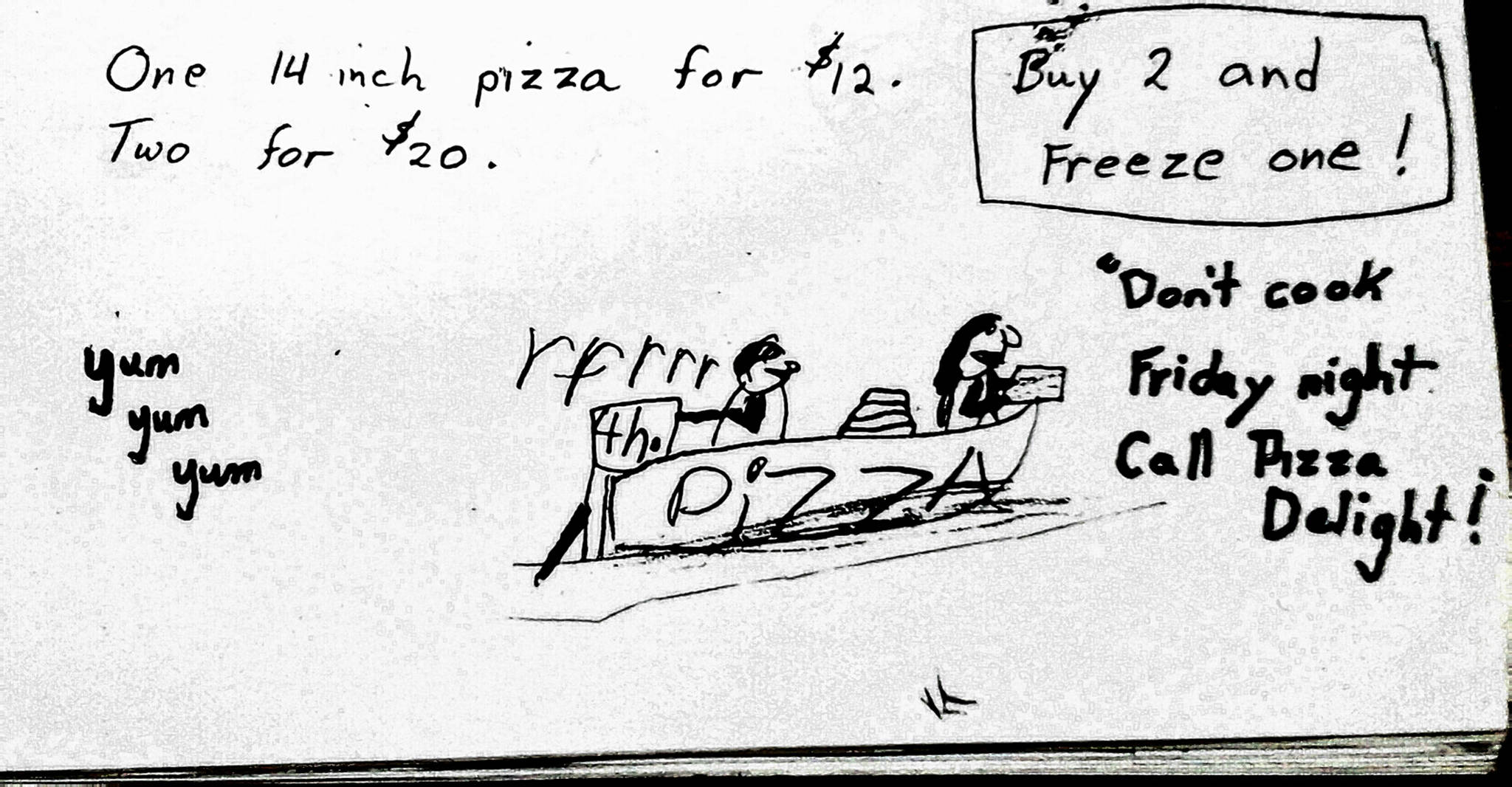 A sketch from one of Tara’s schoolmates about delivering pizza to bush dwellers with a craving. Photo by Tara Neilson.