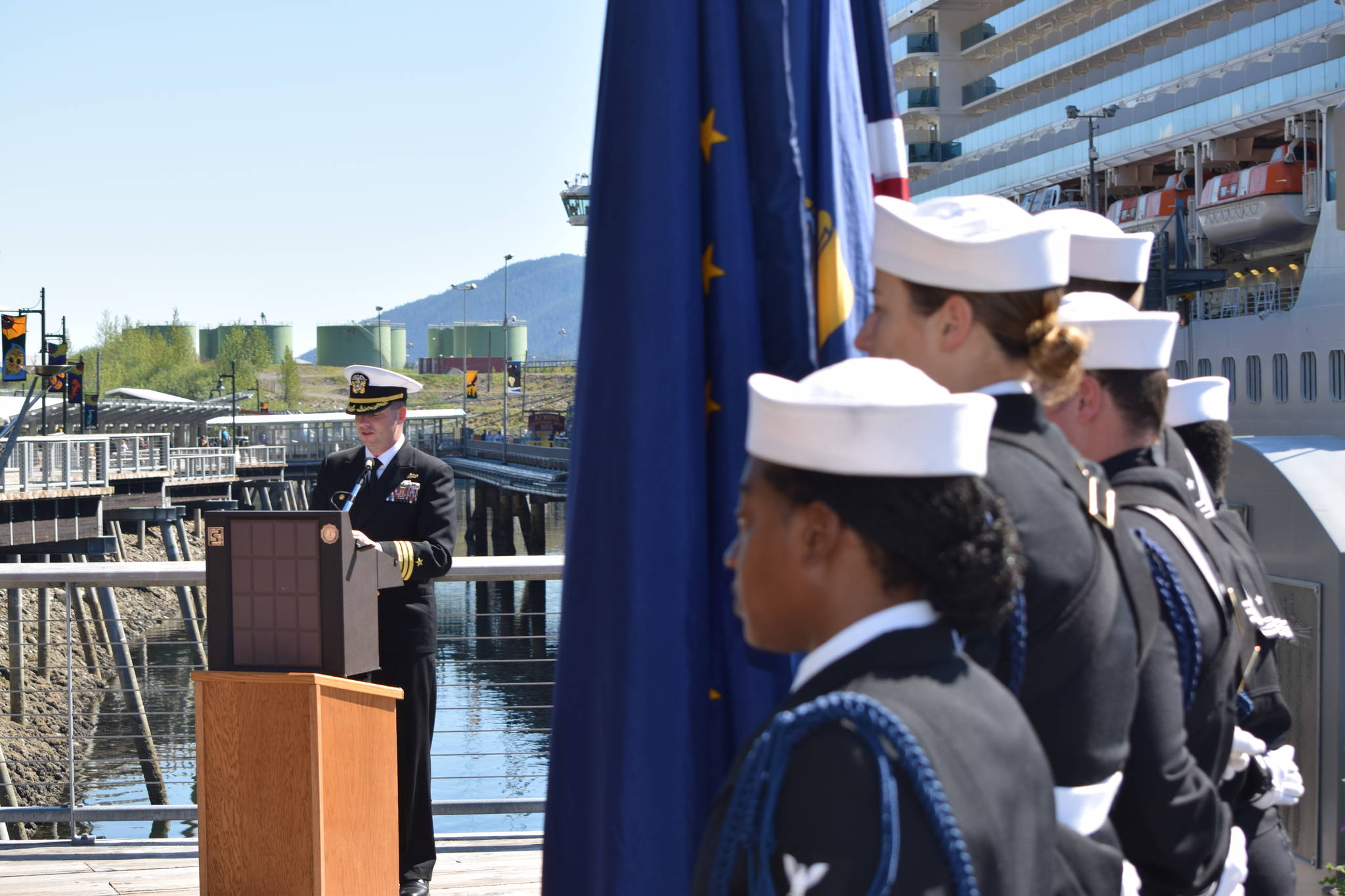 U.S.S. Commanding Officer Colby Sherwood speaks at the laying of the wreath for the U.S.S. Juneau. The vessel’s 1942 sinking was commemorated Wednesday in downtown Juneau. (Kevin Gullufsen | Juneau Empire)