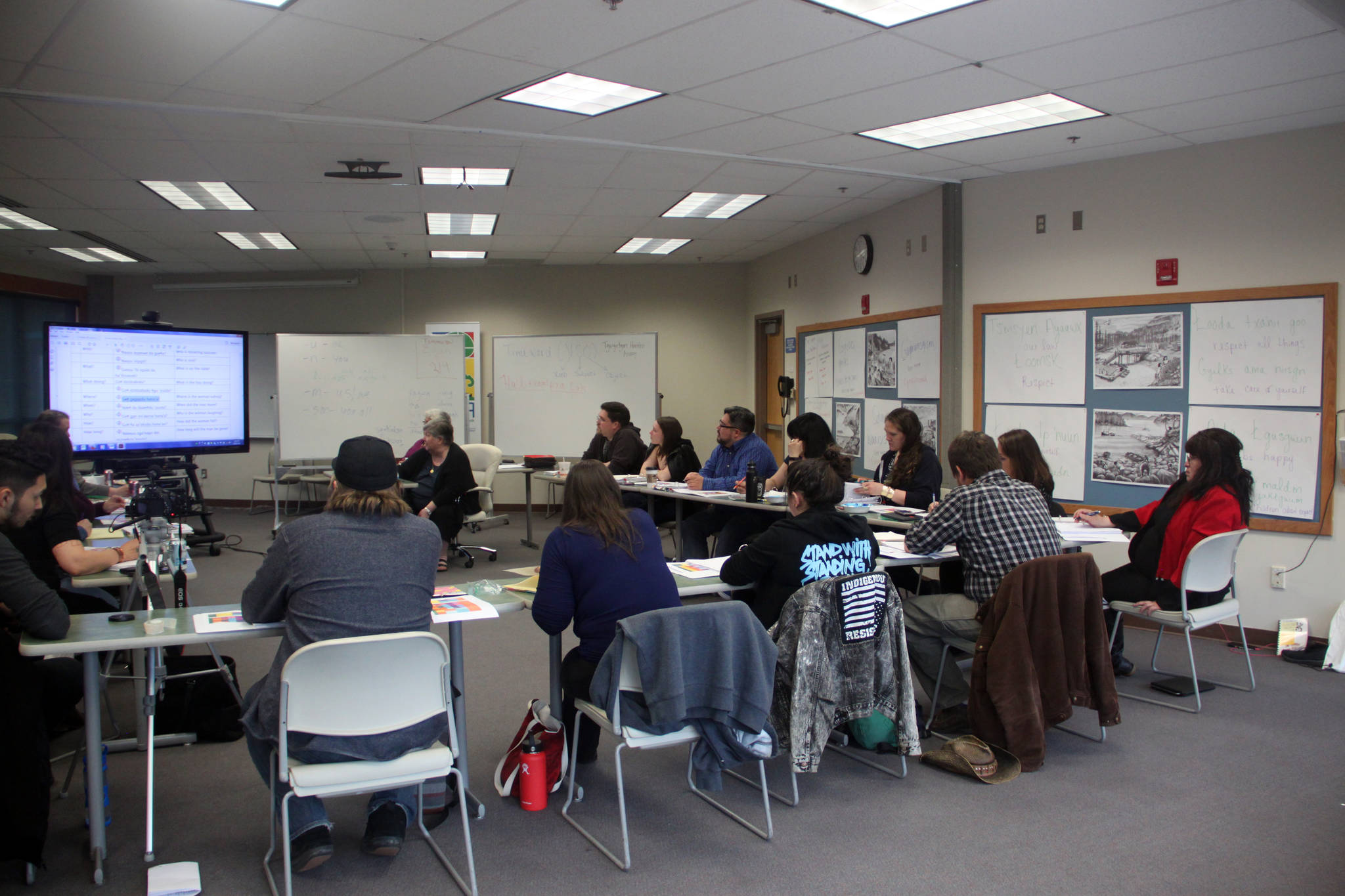 Sm’algyax language learners listen to linguist Margaret Anderson and fluent speaker&nbsp;Velna Nelson walk through grammar and sentence structure as part of the Sm’algyax language conference organized by Professor Mique’l Dangeli and University of Alaska Southeast. (Erin Granger | Juneau Empire)