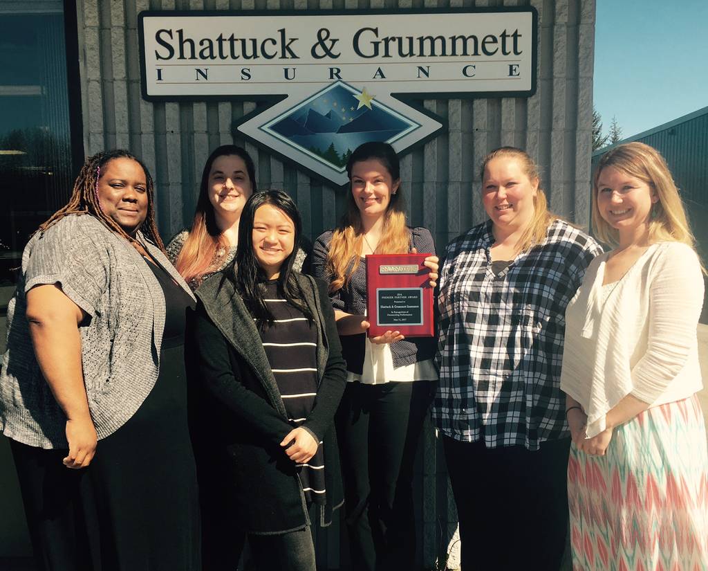 Members of the Shattuck & Grummett Insurance Personal Lines Team, left to right: Jocelyn Miles, Krysta Onstott, Thuy Nguyen; Kylie Wray, Erika Patch & Donna Shelton Receive the award for Premier Partner Award for Outstanding Performance from Progressive Insurance Company. Give us a call for a quote 789-2446. (Photo courtesy Shattuck and Grummet)