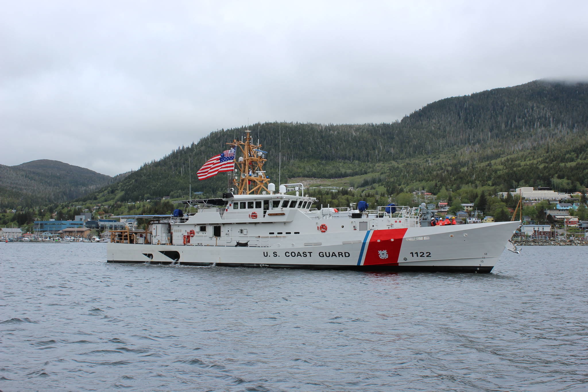 The CGC Bailey Barco pulls into its home port of Ketchikan on May 12. The vessel, just the second Fast Response Cutter to be stationed in Alaska, will be commissioned in Juneau on June 14. (Photo courtesy of the U.S. Coast Guard)