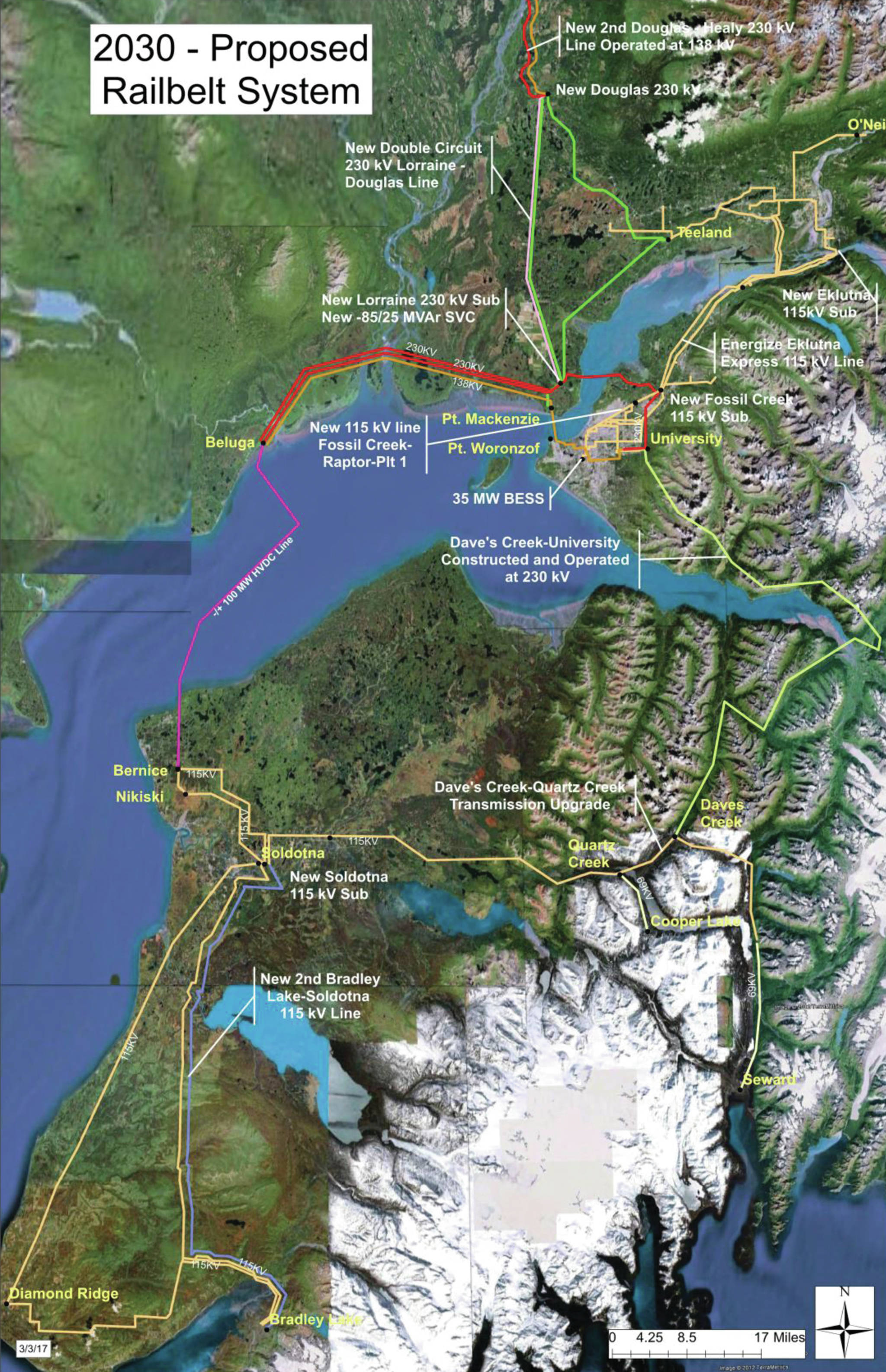 The roughly $400 million in southern Railbelt electric transmission upgrades proposed by the Alaska Energy Authority can be seen in this map as the blue, pink and red lines running from Bradley Lake to north of Anchorage. The existing lines are in green. Major investments are needed to improve efficiency and reliability in the region’s currently strained electric transmission system, the state-owned authority contends. (Map/Courtesy/Alaska Energy Authority)