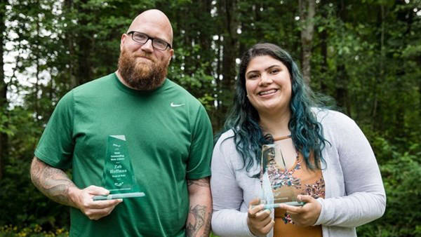 Gabi Fenumiai, right, and Zeb Hoffman are shown at the Evergreen State College Recreational and Athletics Awards Banquet in Olympia, Washington after being named the ESC Athletes of the Year. (Photo courtesy of Gabi Fenumiai)