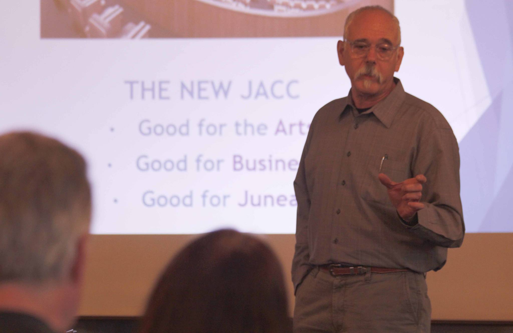 Bob Banghart, the Owner’s Rep for the New JACC, speaks to the Juneau Chamber of Commerce on Thursday. The New JACC could start construction next April, Banghart said. (Alex McCarthy | Juneau Empire)