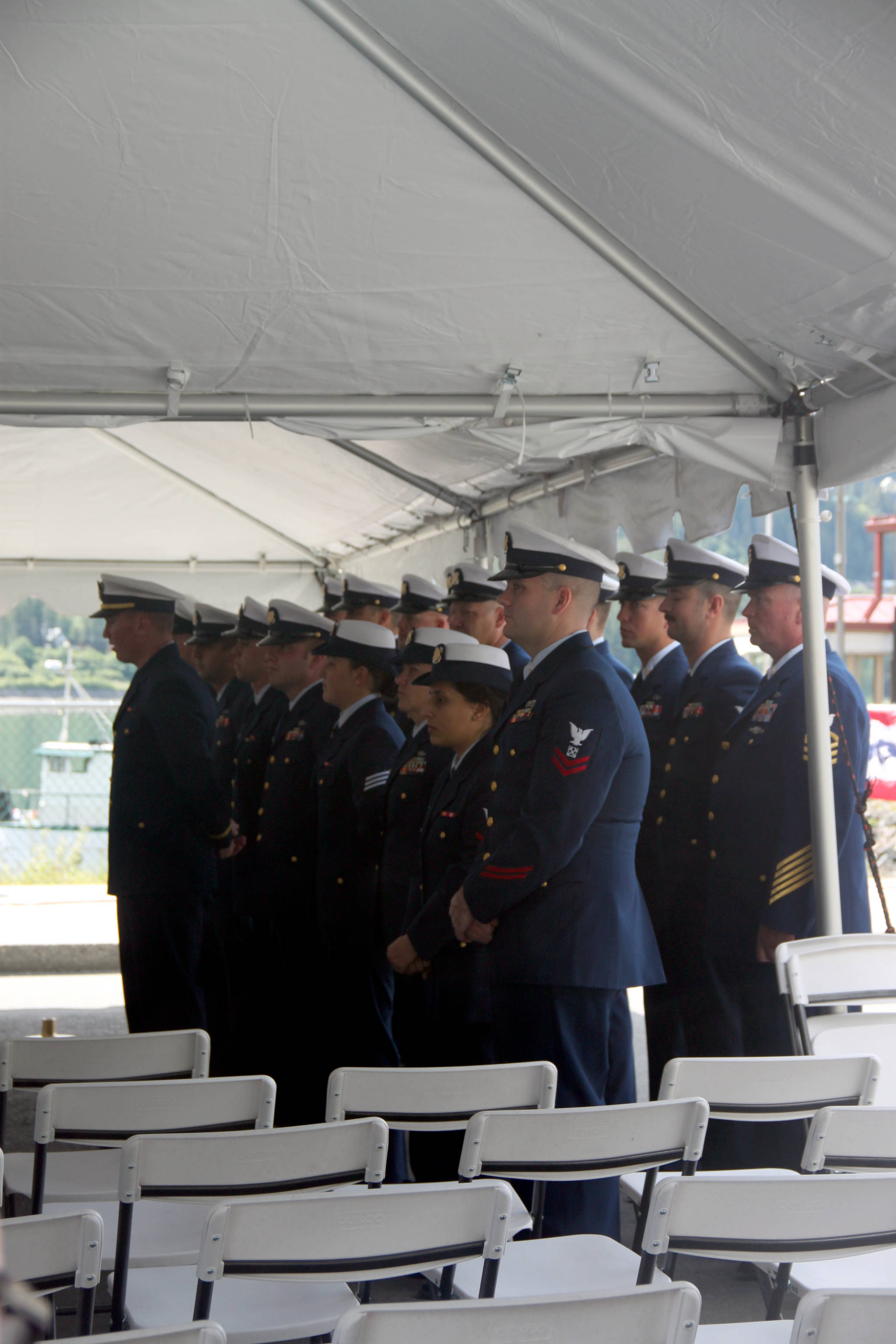 The future crew of the Coast Guard Cutter Bailey Barco stand at attention during the commissioning ceremony for the ship Wednesday afternoon. (Erin Granger | For the Juneau Empire)