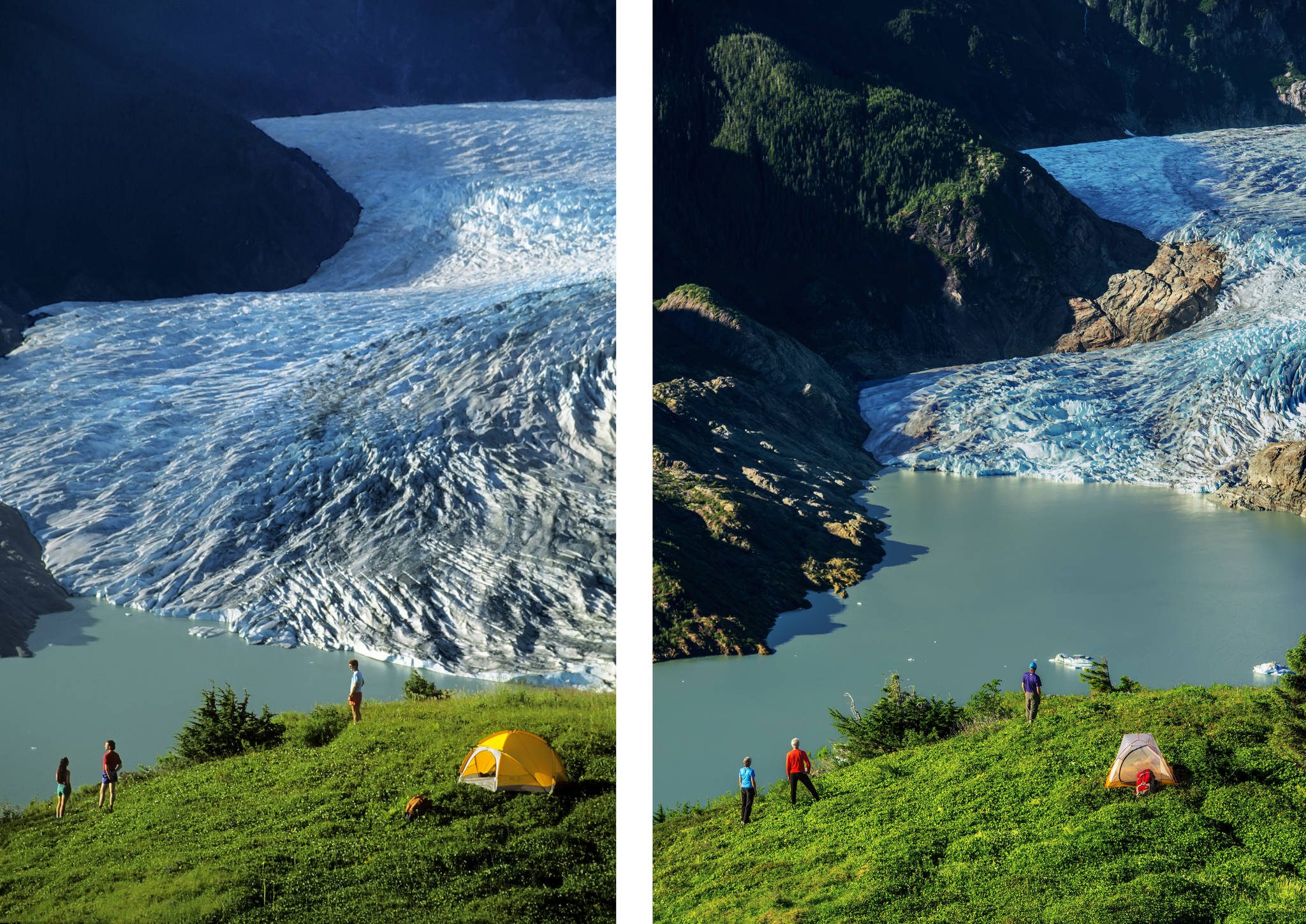 The photo on the left was taken in 1986, the one on the right in 2012. In these 26 years the Mendenhall Glacier retreated roughly a mile, and vertically thinned about 700 feet in some places. (Photo courtesy of Mark Kelley)