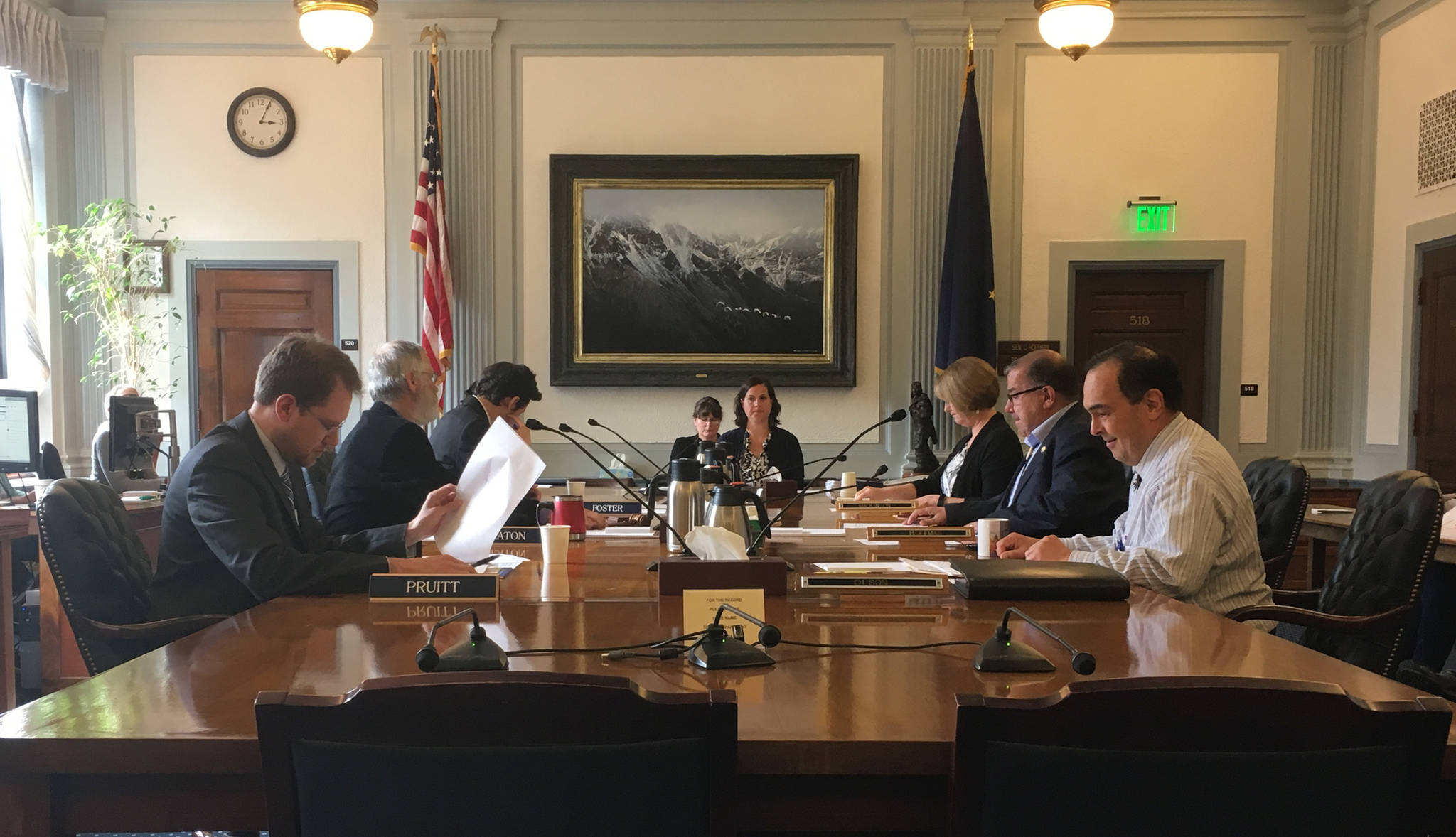 Members of the Alaska House-Senate budget conference committee prepare to open their meeting Tuesday, June 20, 2017 in the Senate Finance Committee Room of the Alaska Capitol. (James Brooks | Juneau Empire)
