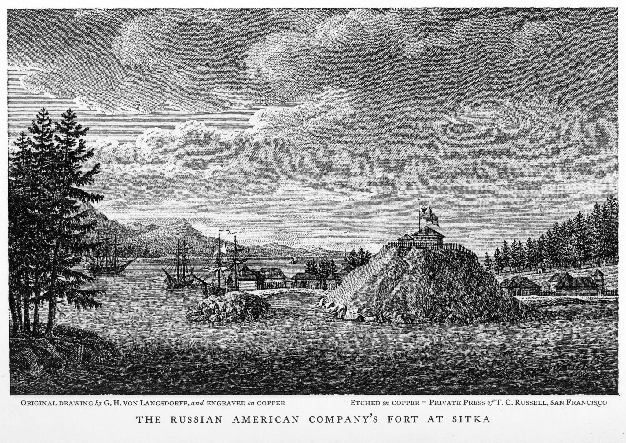 Drawing of Sitka in 1805. (Image courtesy of the Sitka History Museum)