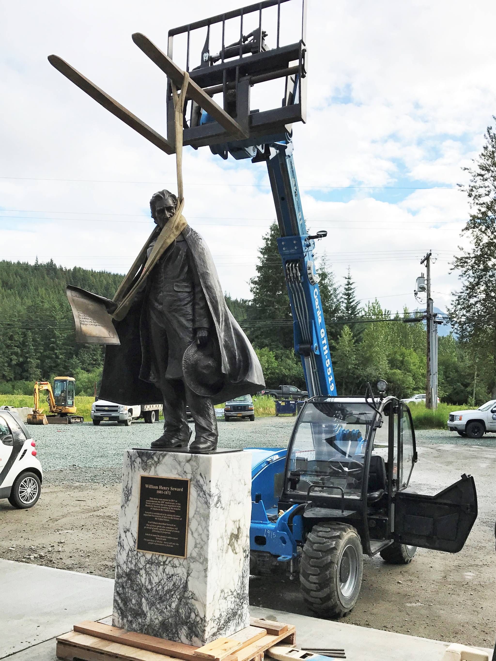 Prior to being installed in downtown Juneau, the Seward Statue goes through a “trial run” to see if it fits on its marble base. Early next week, the statue will be installed on the base at Dimond Courthouse Plaza across the street from the Juneau State Capitol before a public unveiling July 3. (Photo courtesy of Wayne Jensen)