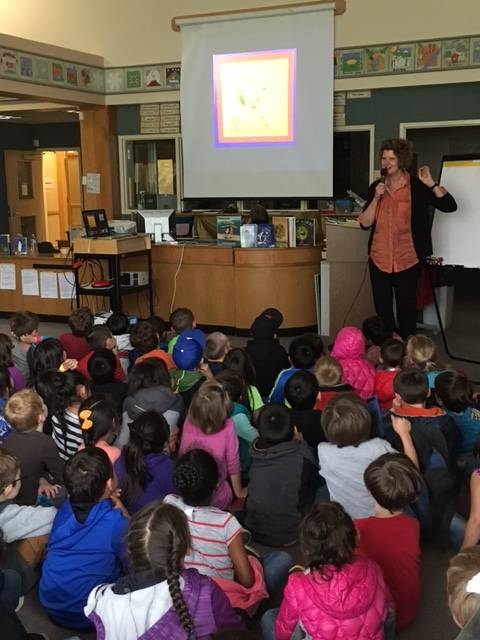 Children&rsquo;s author Lynne Rae Perkins speaks to students at Riverbend School on Tuesday. Perkins, the author of more than a dozen children&rsquo;s books, will speak at the Mendenhall Valley Library on Thursday evening. (Photo courtesy of Beth Weigel)