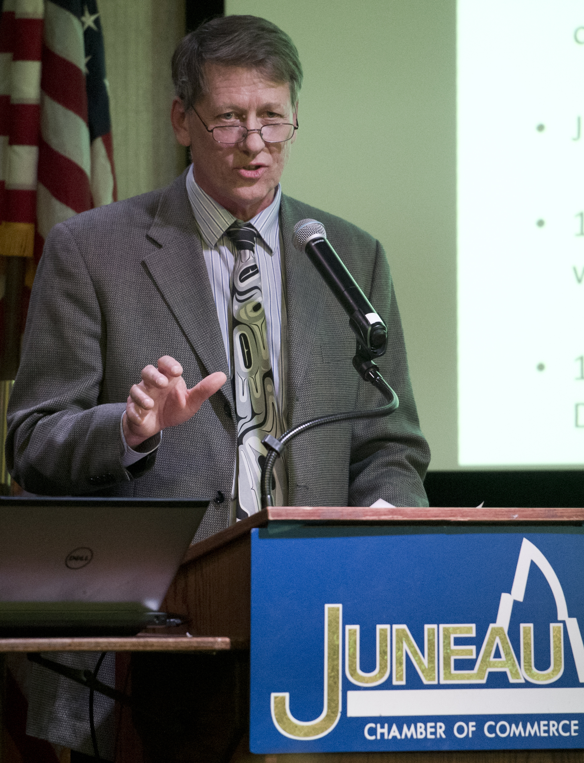 Alaska Electric Light & Power President and General Manager Timothy McLeod speaks to the Juneau Chamber of Commerce during their luncheon at the Hangar Ballroom on Thursday, Feb. 23, 2017. McLeod is retiring this year and will again speak to the Chamber of Commerce, this time looking back at his 34 years with AEL&P. (Michael Penn | Juneau Empire)