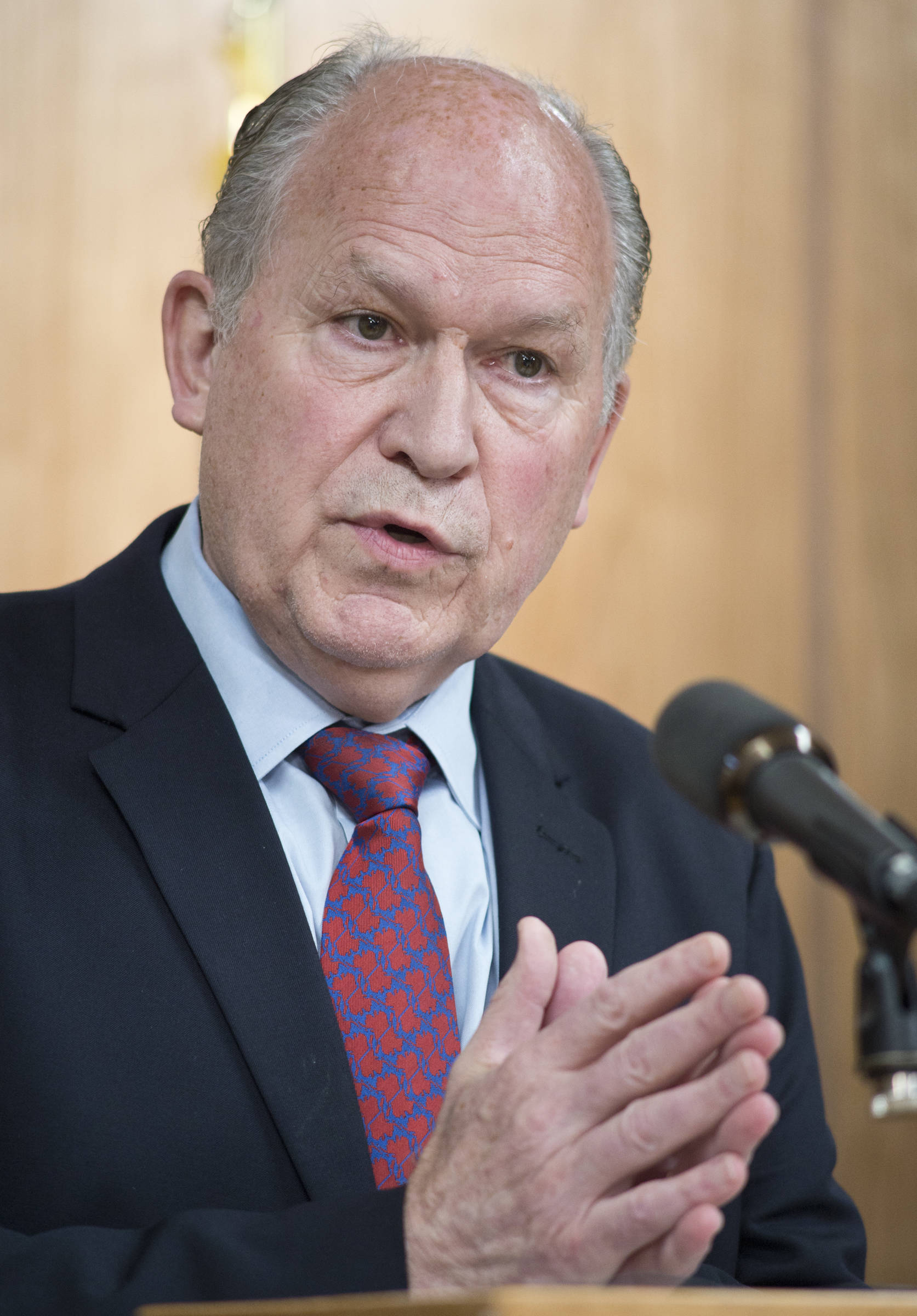 In this May 18 photo, Gov. Bill Walker speaks to the media about calling a special session to deal with the budget. (Michael Penn | Juneau Empire file)