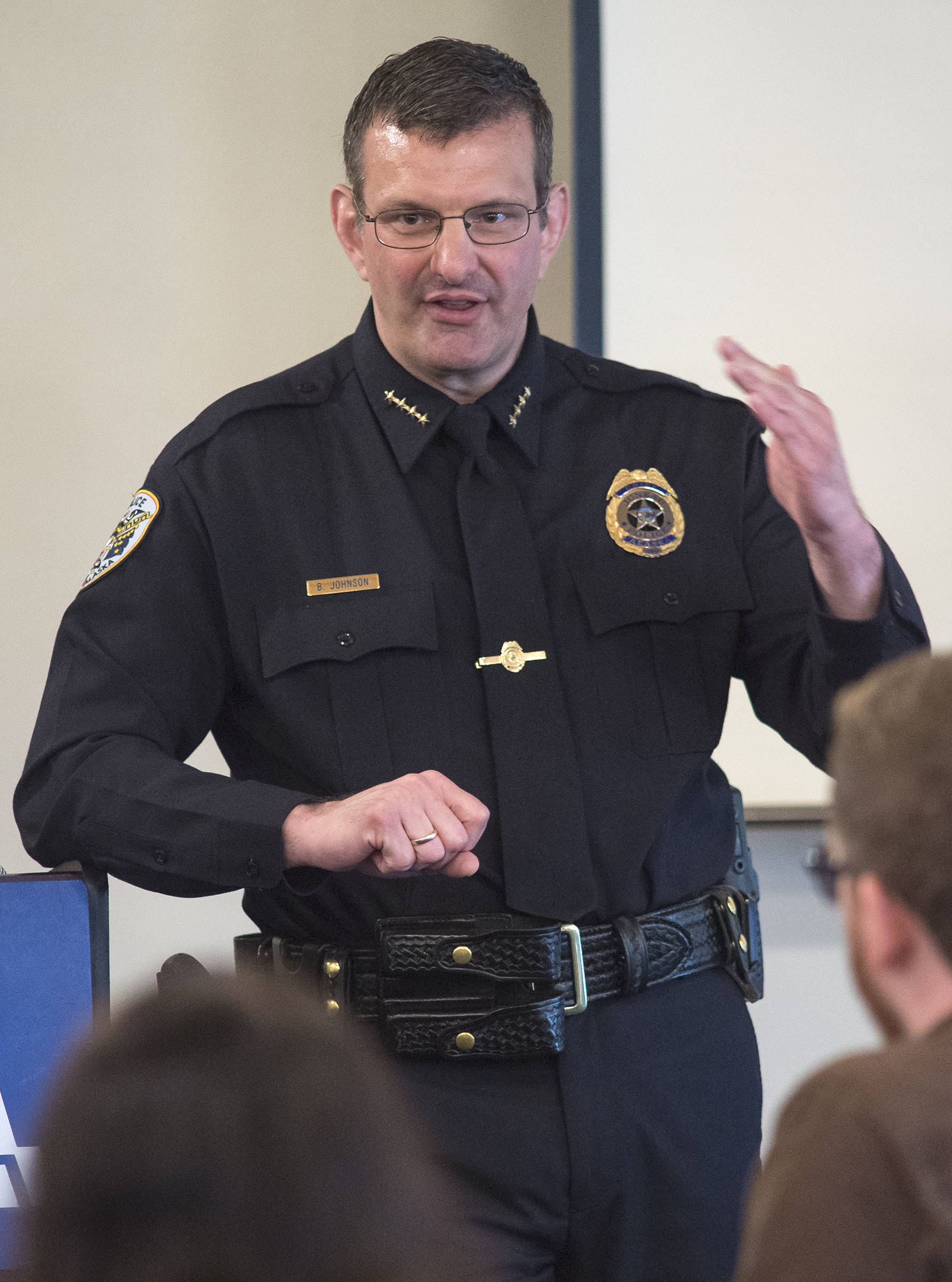 Retiring Chief of Police Bryce Johnson speaks to the Juneau Chamber of Commerce at its weekly luncheon at the Moose Lodge on Thursday, July 6, 2017. (Michael Penn | Juneau Empire)