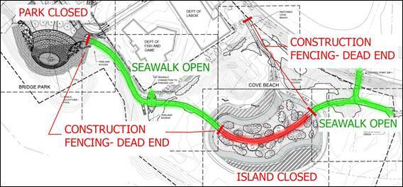 Two sections of the Seawalk will be closed starting soon, as illustrated in this map. (Courtesy of the City and Borough of Juneau)