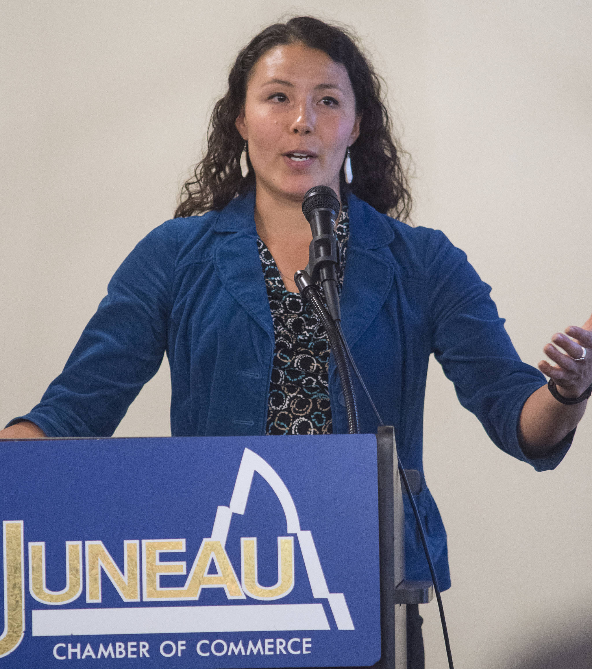 Mary Aparezuk, Chief of Staff for Rep. Zach Fansler, D-Bethel, speaks Thursday, July 13, 2017, to the Juneau Chamber of Commerce about efforts to encourage the legal ivory trade. (Michael Penn | Juneau Empire)