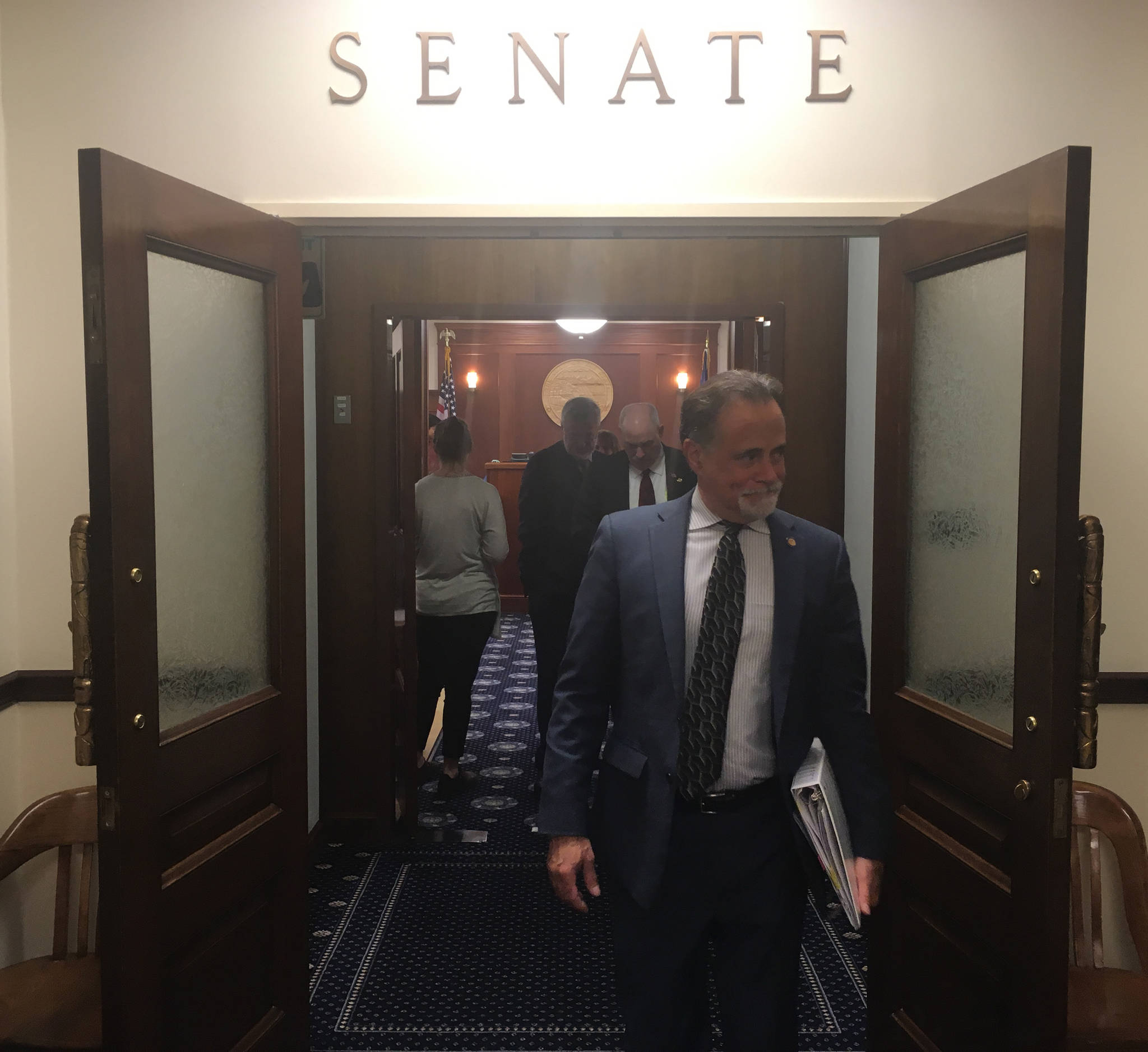 Senate Majority Leader Peter Micciche, R-Soldotna, leaves the Senate Chambers after the Alaska Senate concluded the second special session of the 30th Alaska Legislature. (James Brooks | Juneau Empire)