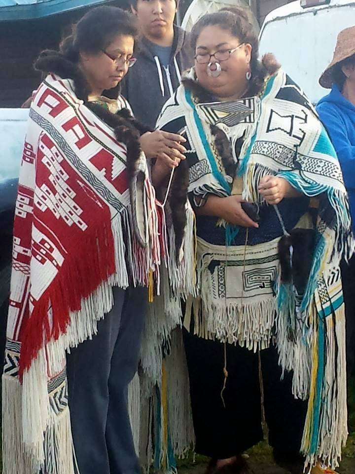 Cheney’s daughter Dr. Gail Irene Cheney and Juris Dr. Elizabeth Medicine Crow wearing the Raven’s Tail Robes Cheney made for them. Picture by Burt Jackson.