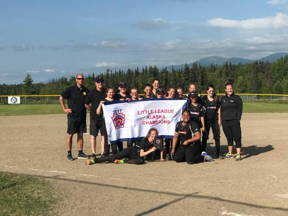 The Gastineau Channel Little League softball team poses after winning the Alaska state championship. The team trailed 14-6 before an 11-run fifth inning in the final game of the championship series, beating Anchorage O’Rabbit 21-15. (Photo courtesy of Ethan Billings)